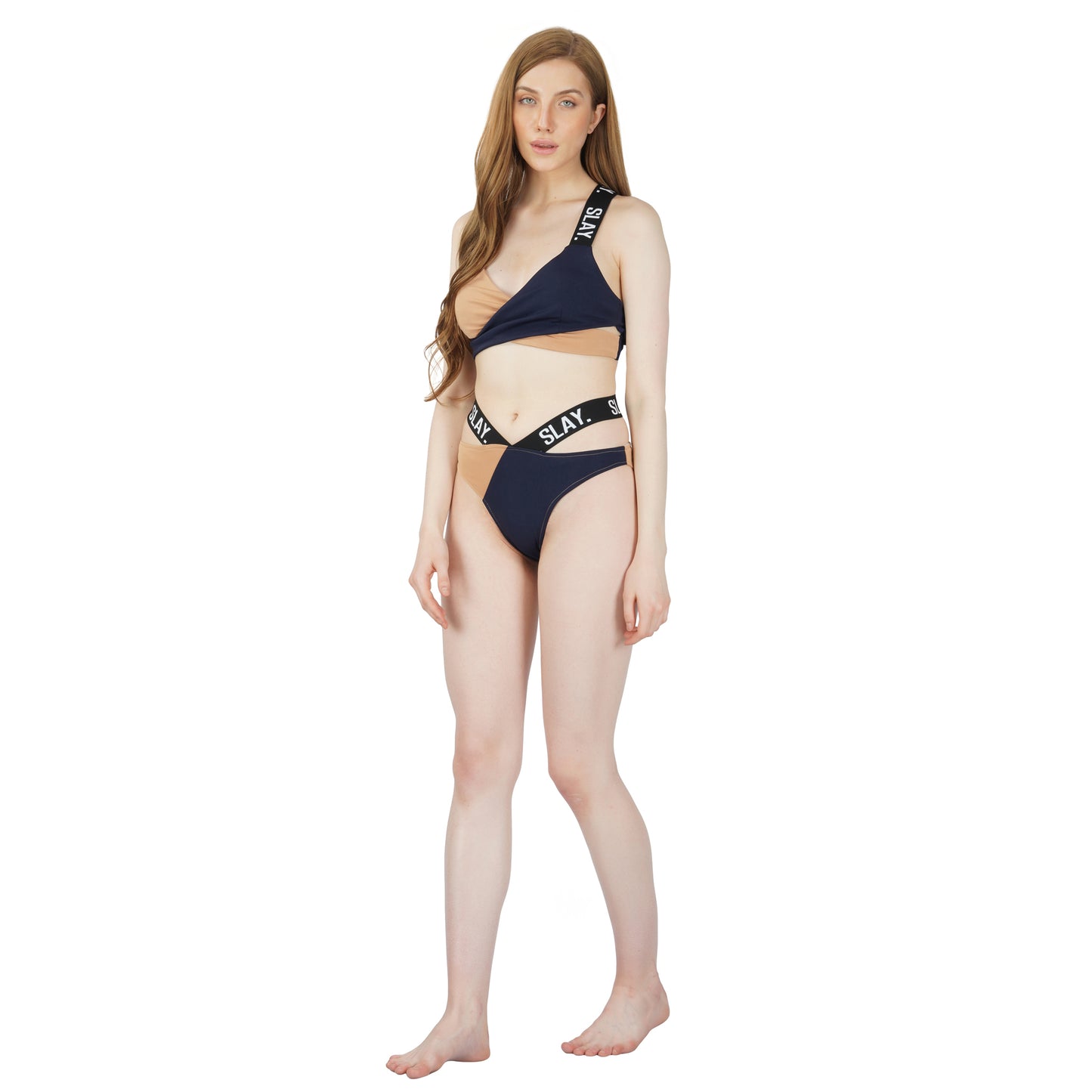 SLAY. Sport Women's Beige & Blue Colorblock Bikini Set Swimwear