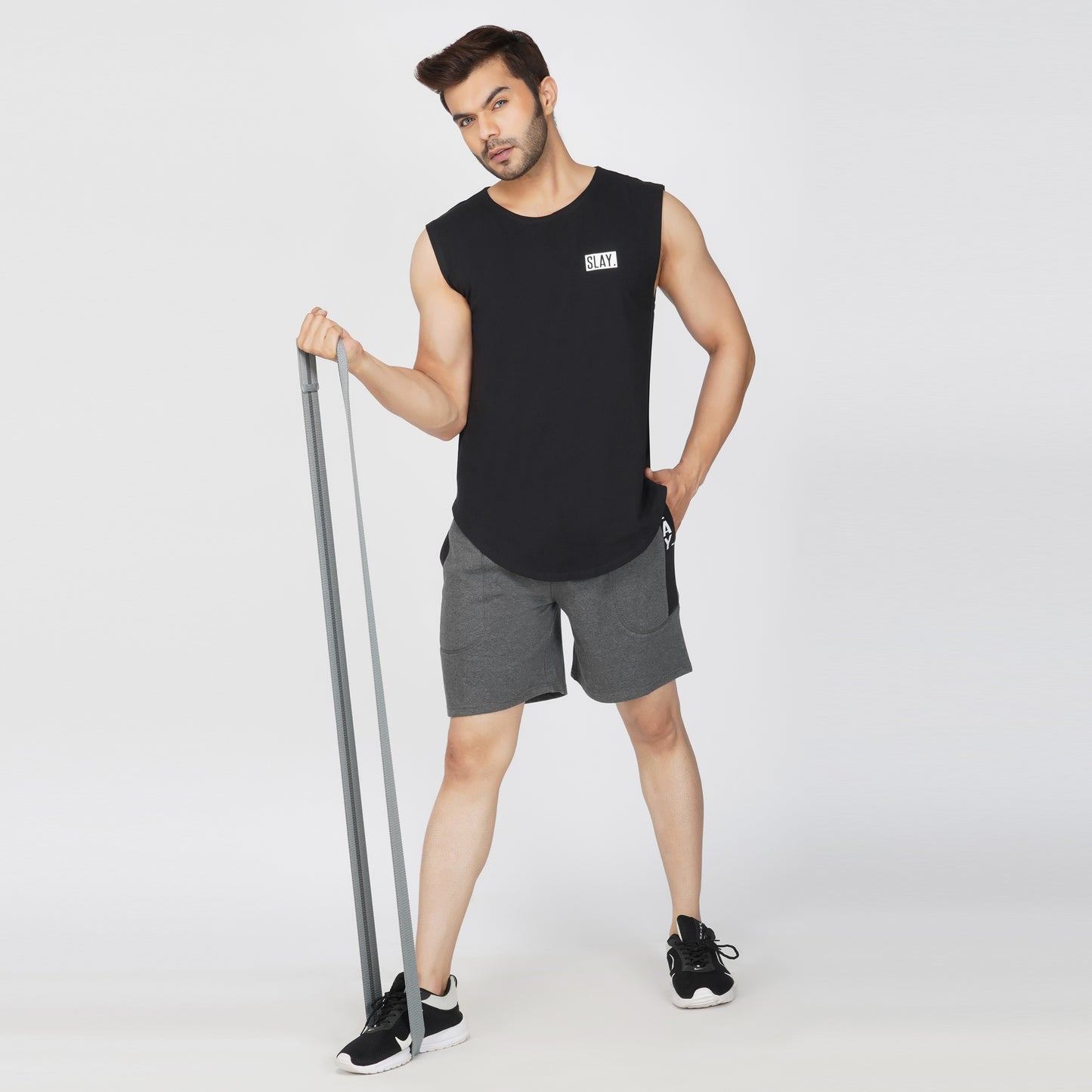 SLAY. Men's Dark Grey Shorts with Black Stripes-clothing-to-slay.myshopify.com-Men's Shorts