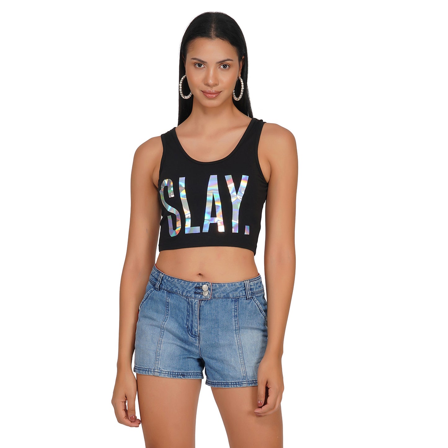 SLAY. Women's Limited Edition Holographic Reflective Foil Print Crop Top-clothing-to-slay.myshopify.com-Crop Top