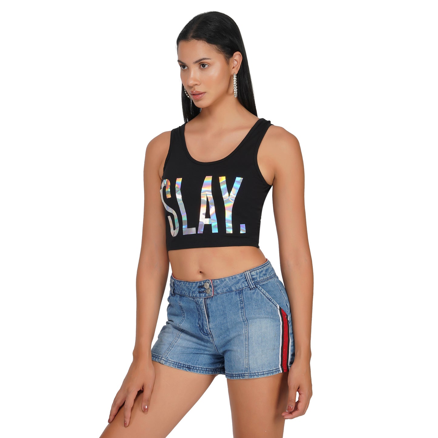 SLAY. Women's Limited Edition Holographic Reflective Foil Print Crop Top-clothing-to-slay.myshopify.com-Crop Top