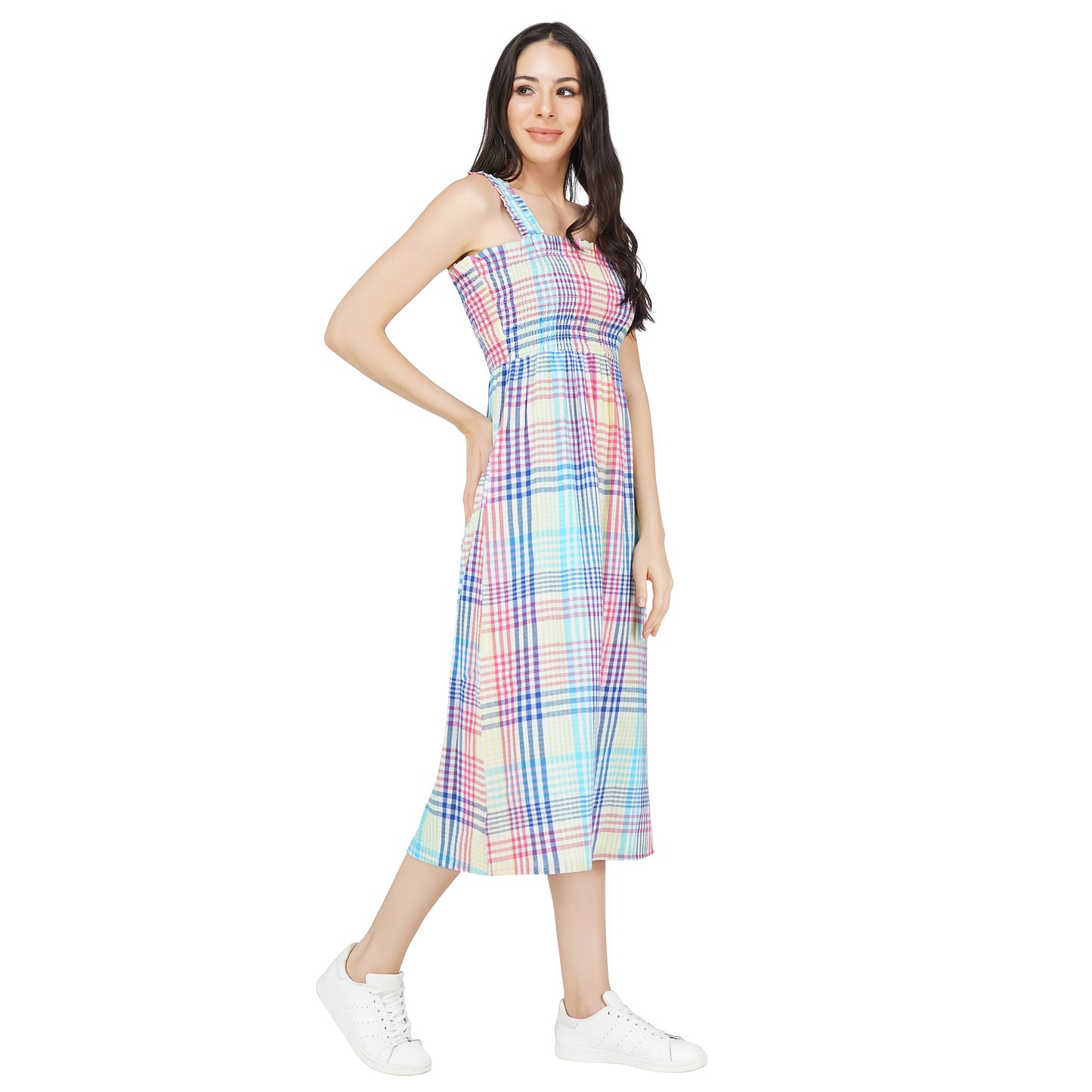 SLAY. Women's Yarn Dye Check Stripes A-Line Smocking Long Dress-clothing-to-slay.myshopify.com-Dress