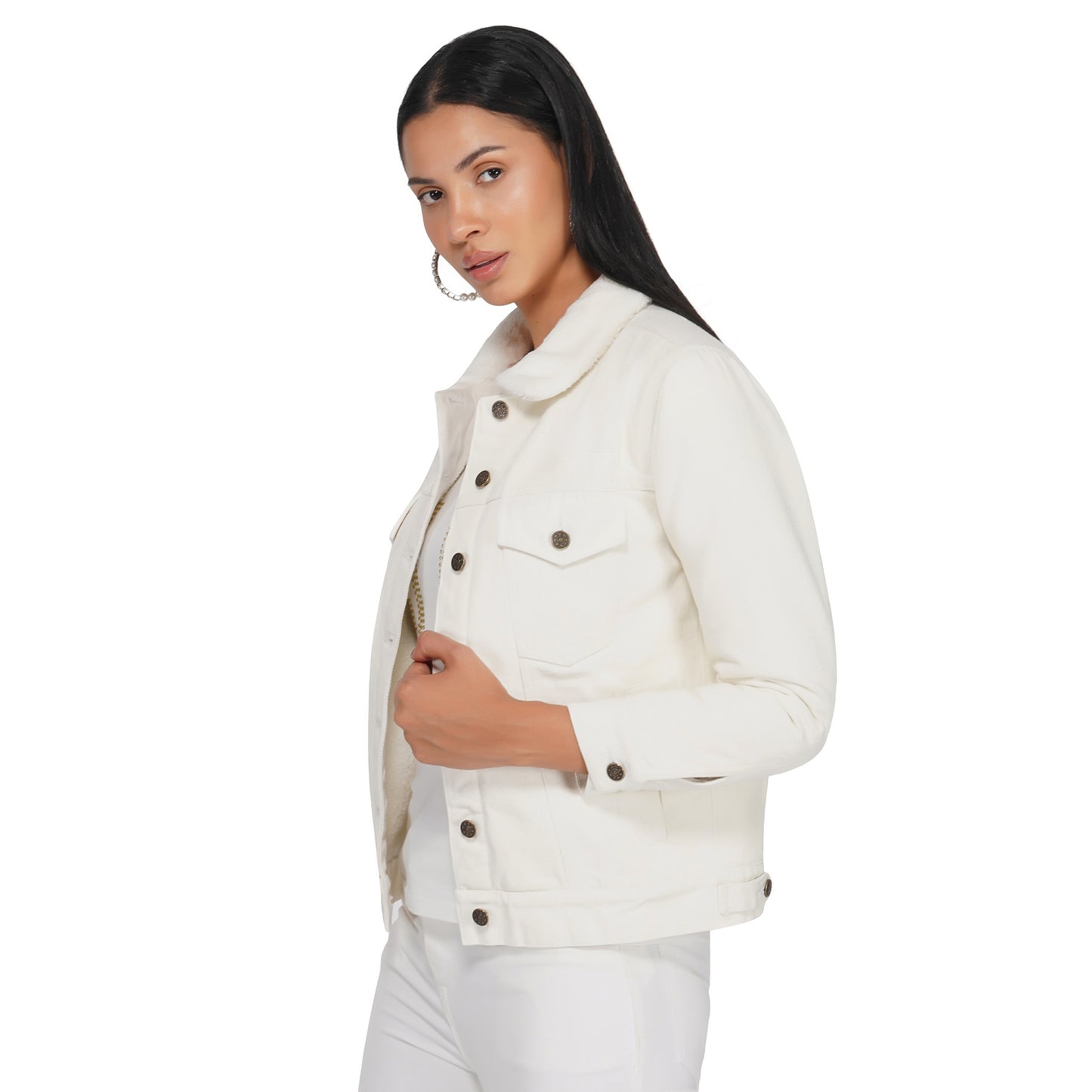 SLAY. Women's Off-white Denim Jacket with Faux-fur Lining-clothing-to-slay.myshopify.com-Denim Jacket