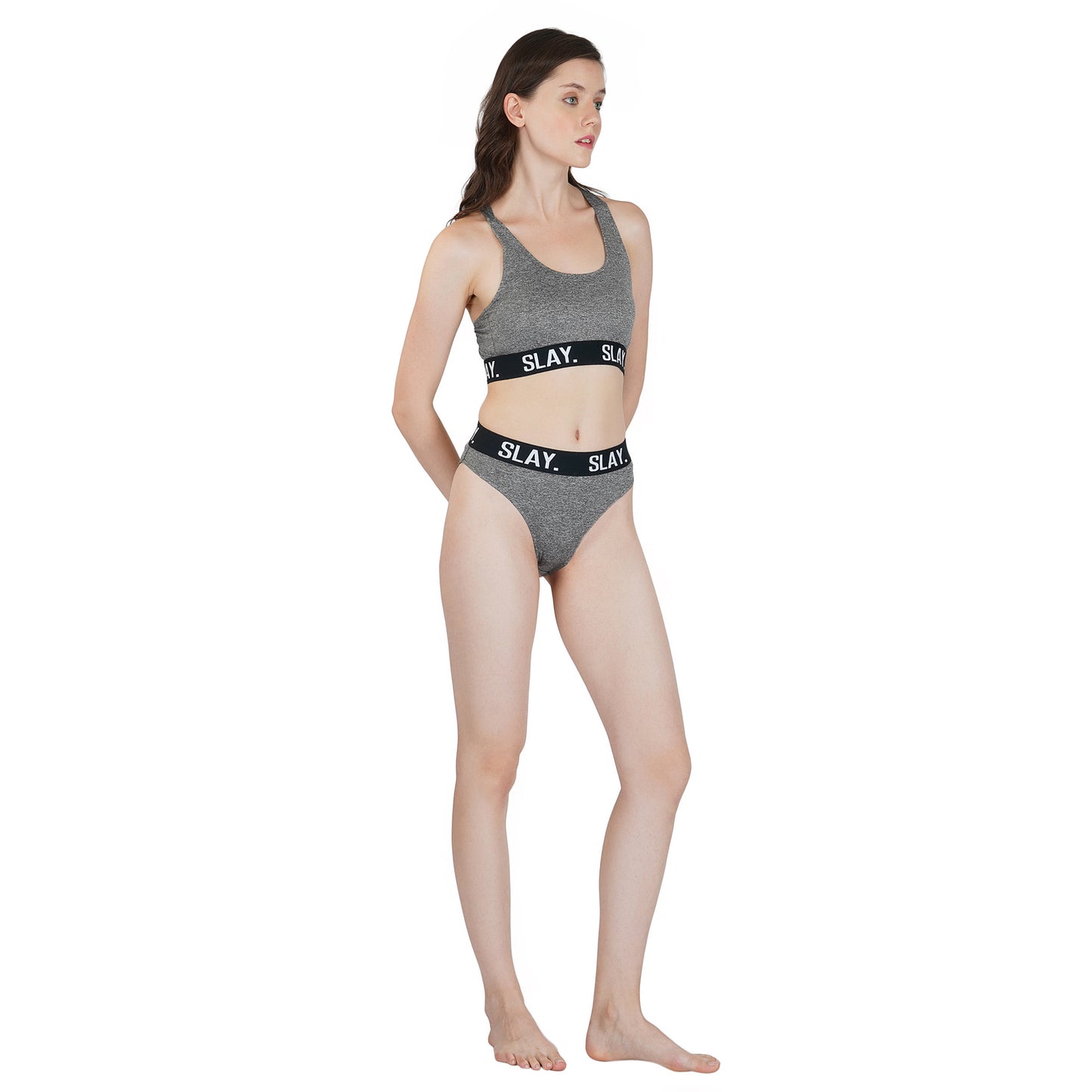 SLAY. Women's Grey Underwear Lingerie Modern Sports Bra and Panty Co-ord Set