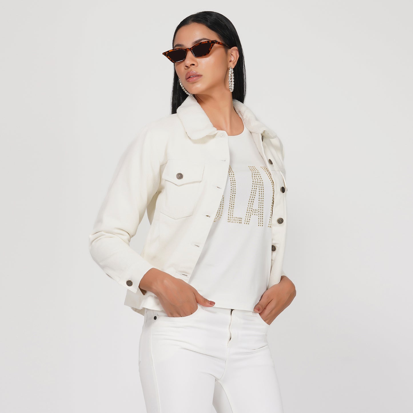 SLAY. Women's Off-white Denim Jacket with Faux-fur Lining-clothing-to-slay.myshopify.com-Denim Jacket