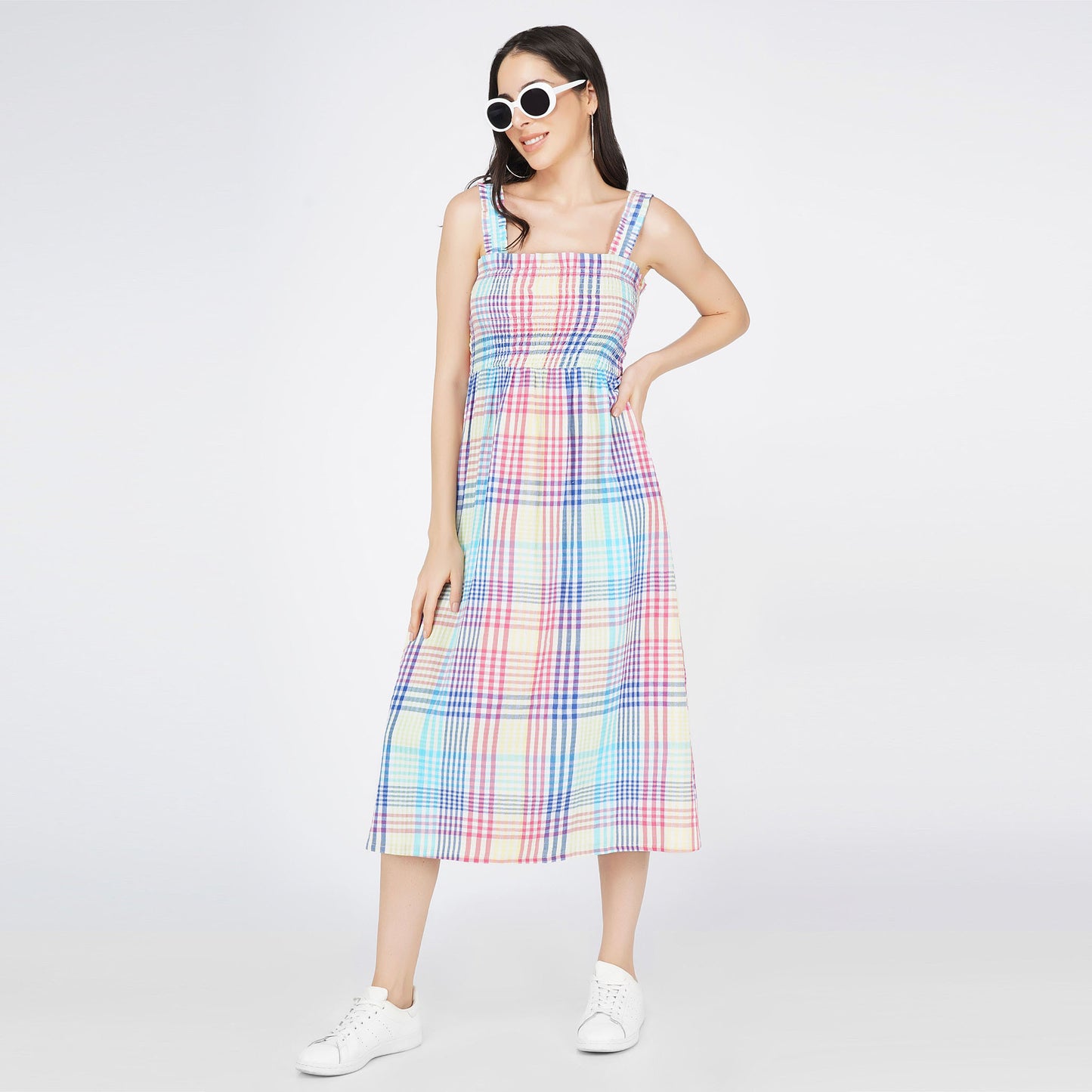 SLAY. Women's Yarn Dye Check Stripes A-Line Smocking Long Dress-clothing-to-slay.myshopify.com-Dress