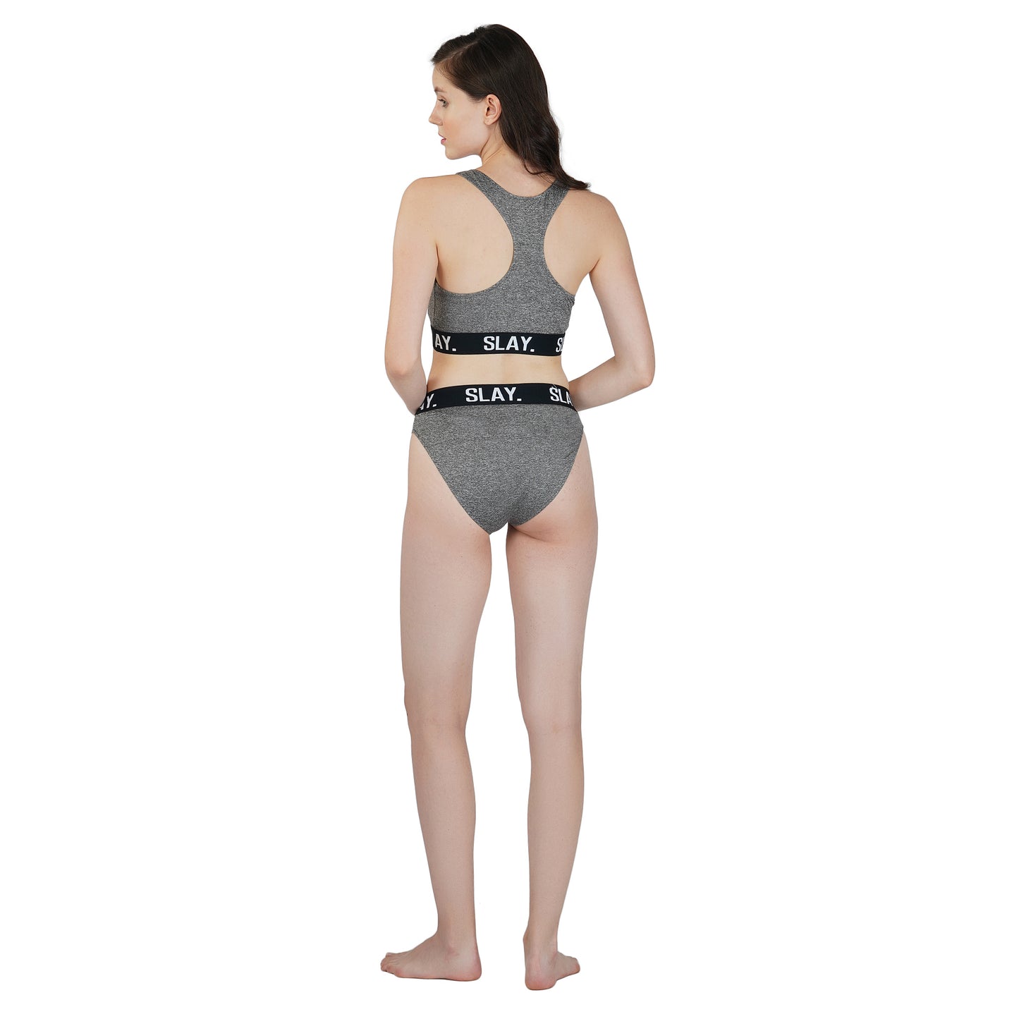 SLAY. Women's Grey Underwear Lingerie Modern Sports Bra and Panty Co-ord Set