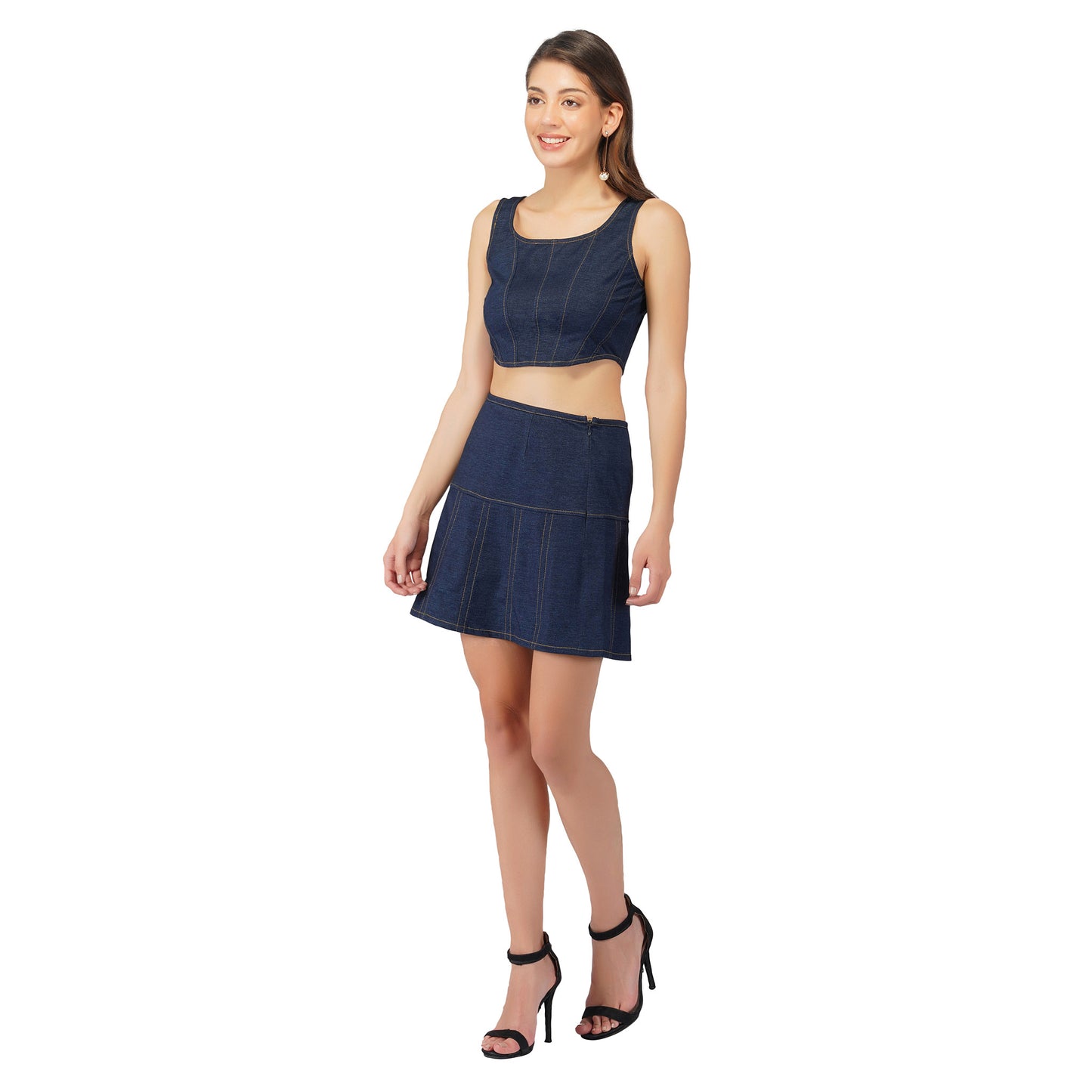 SLAY. Women's Navy Blue Denim Corset Top & Skirt Co-ord Set