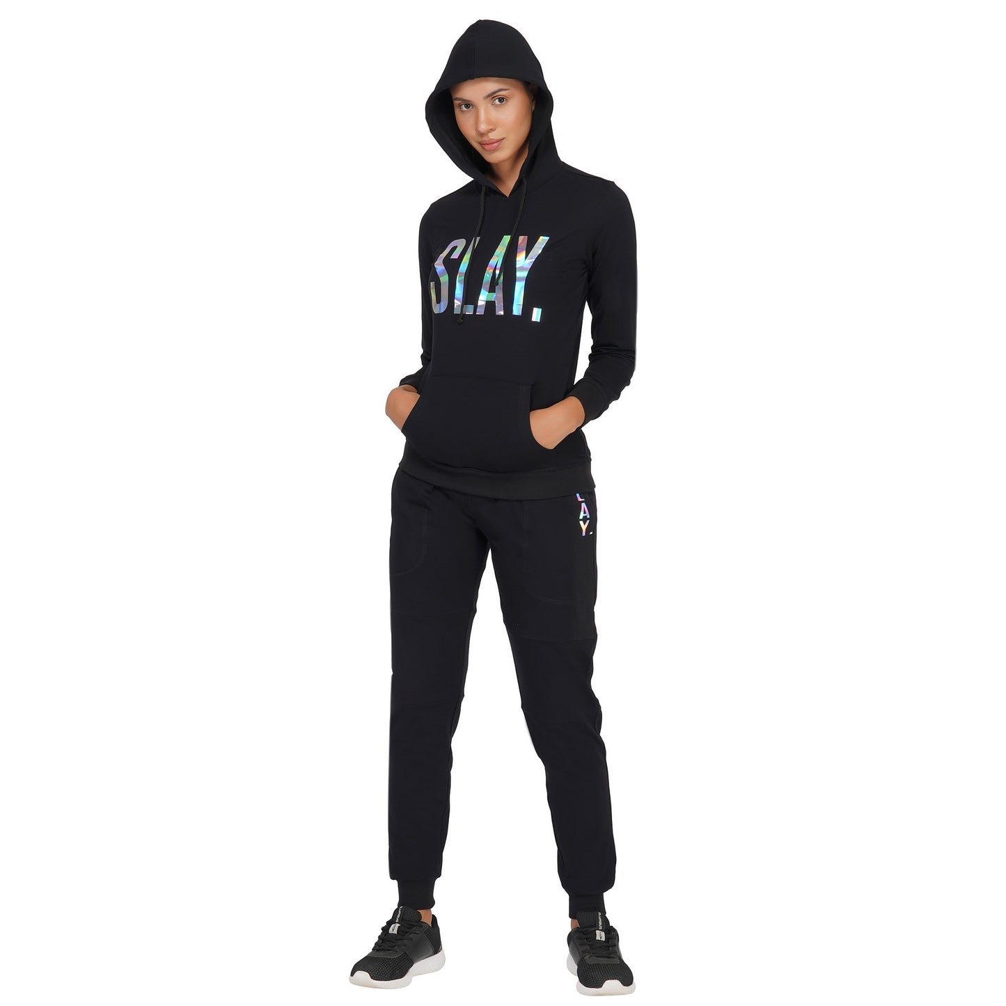 SLAY. Classic Women's Limited Edition Holographic Reflective Print Black Joggers-clothing-to-slay.myshopify.com-Tracksuit