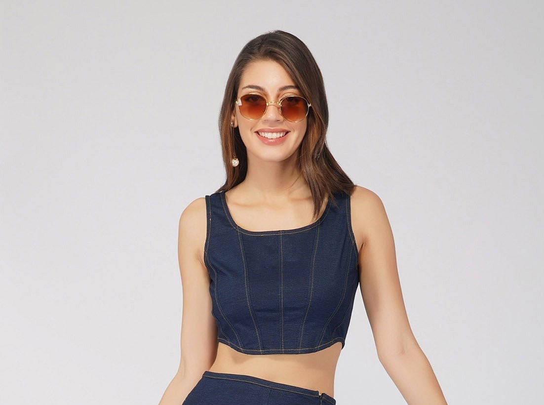 SLAY. Women's Navy Blue Denim Corset Top