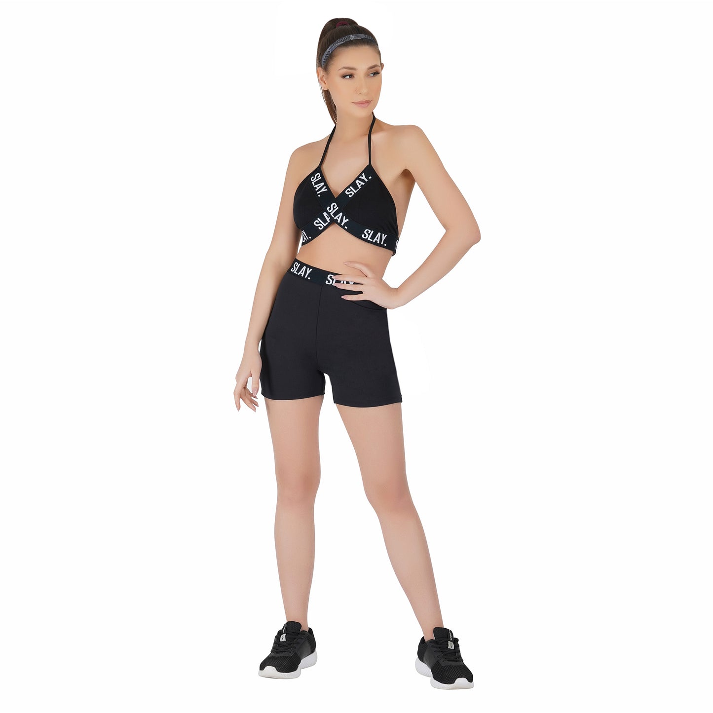 SLAY. Women's Black Activewear Backless Sports Bra And High waist Shorts Co-ord Set
