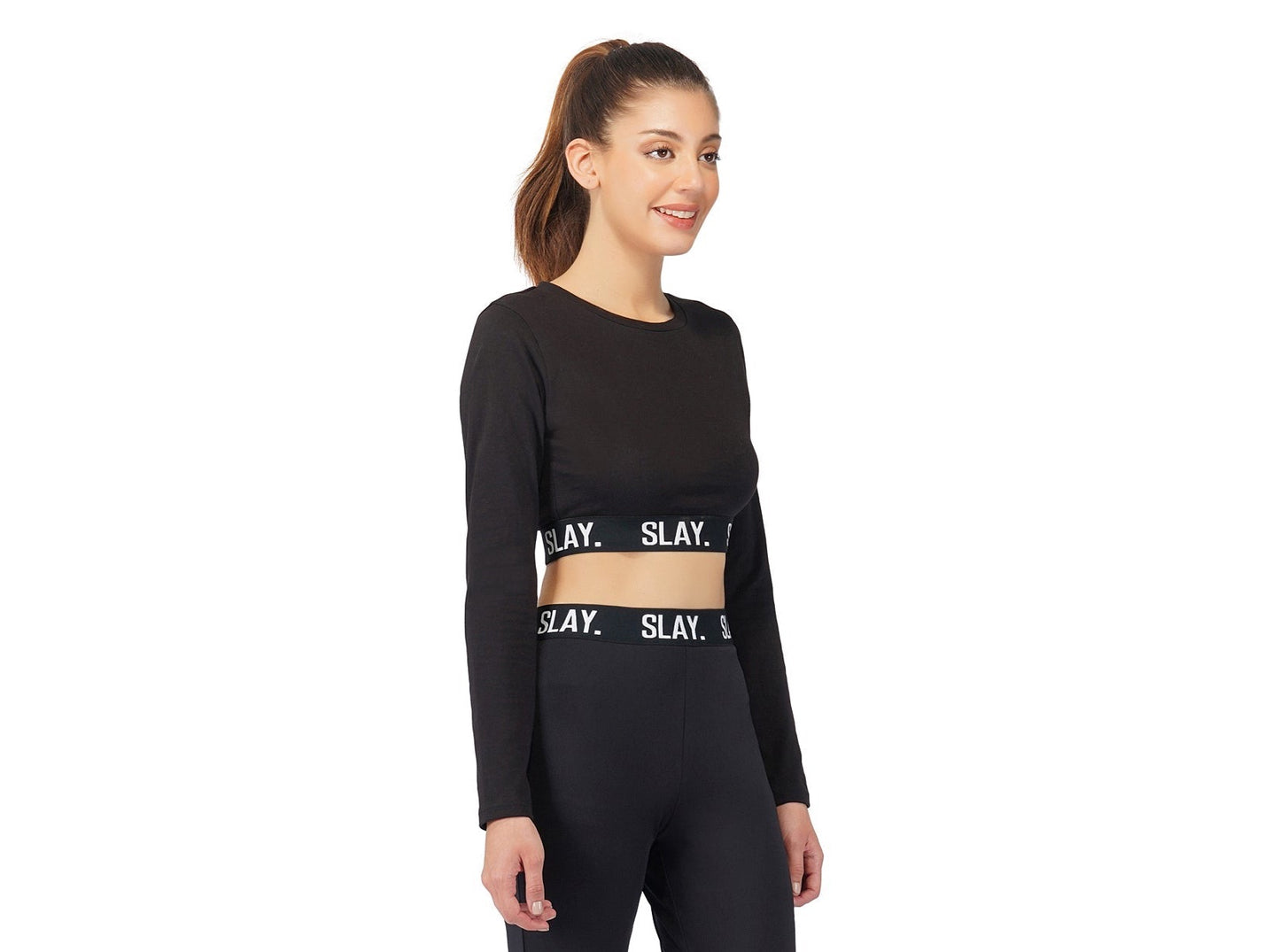 SLAY. Sport Women's Activewear Full Sleeves Black Crop Top