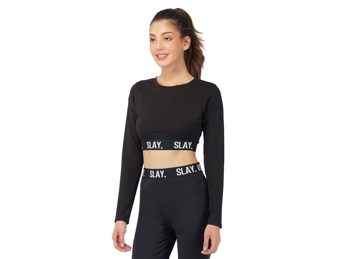SLAY. Sport Women's Activewear Full Sleeves Black Crop Top