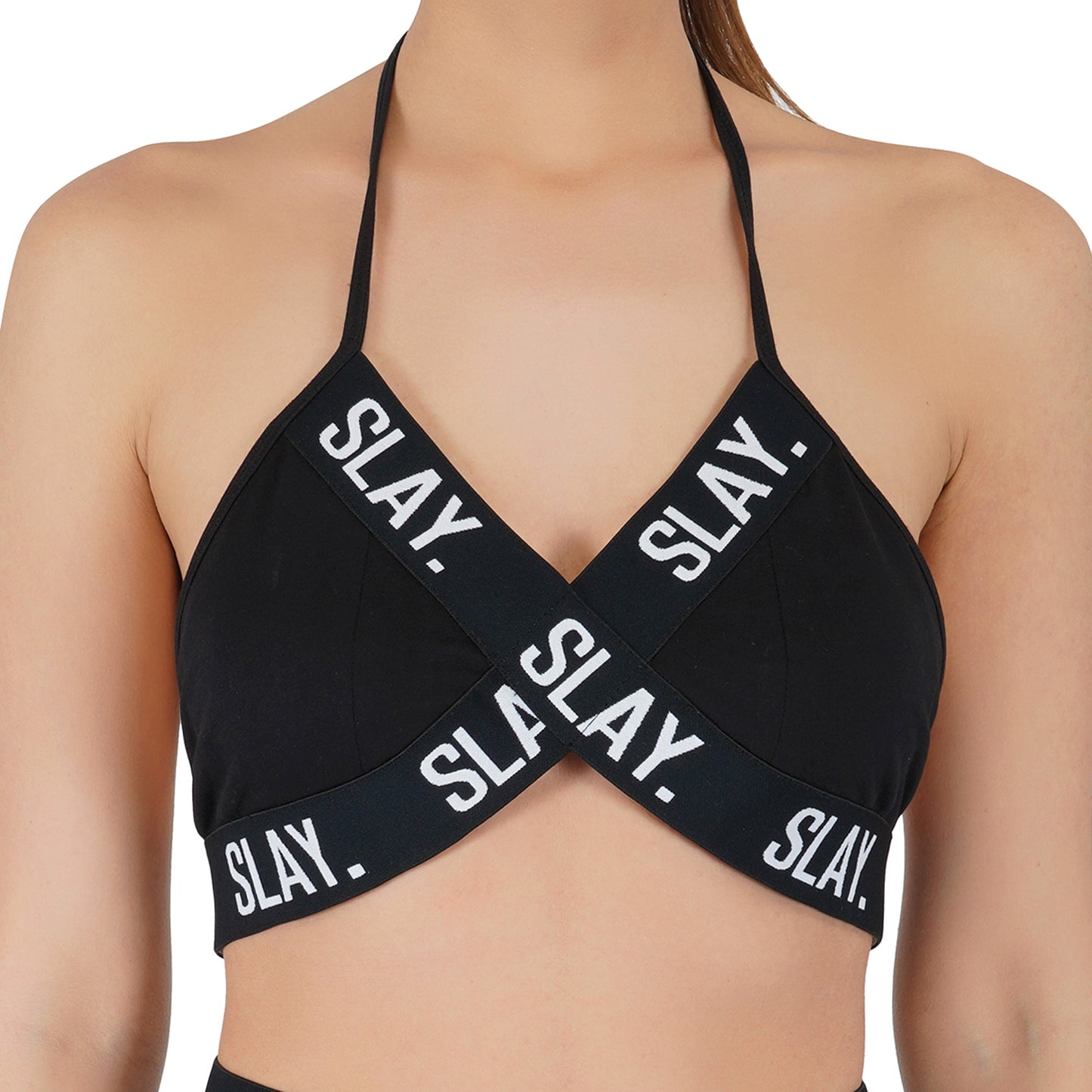 SLAY. Women's Black Activewear Backless Sports Bra And High waist Shorts Co-ord Set