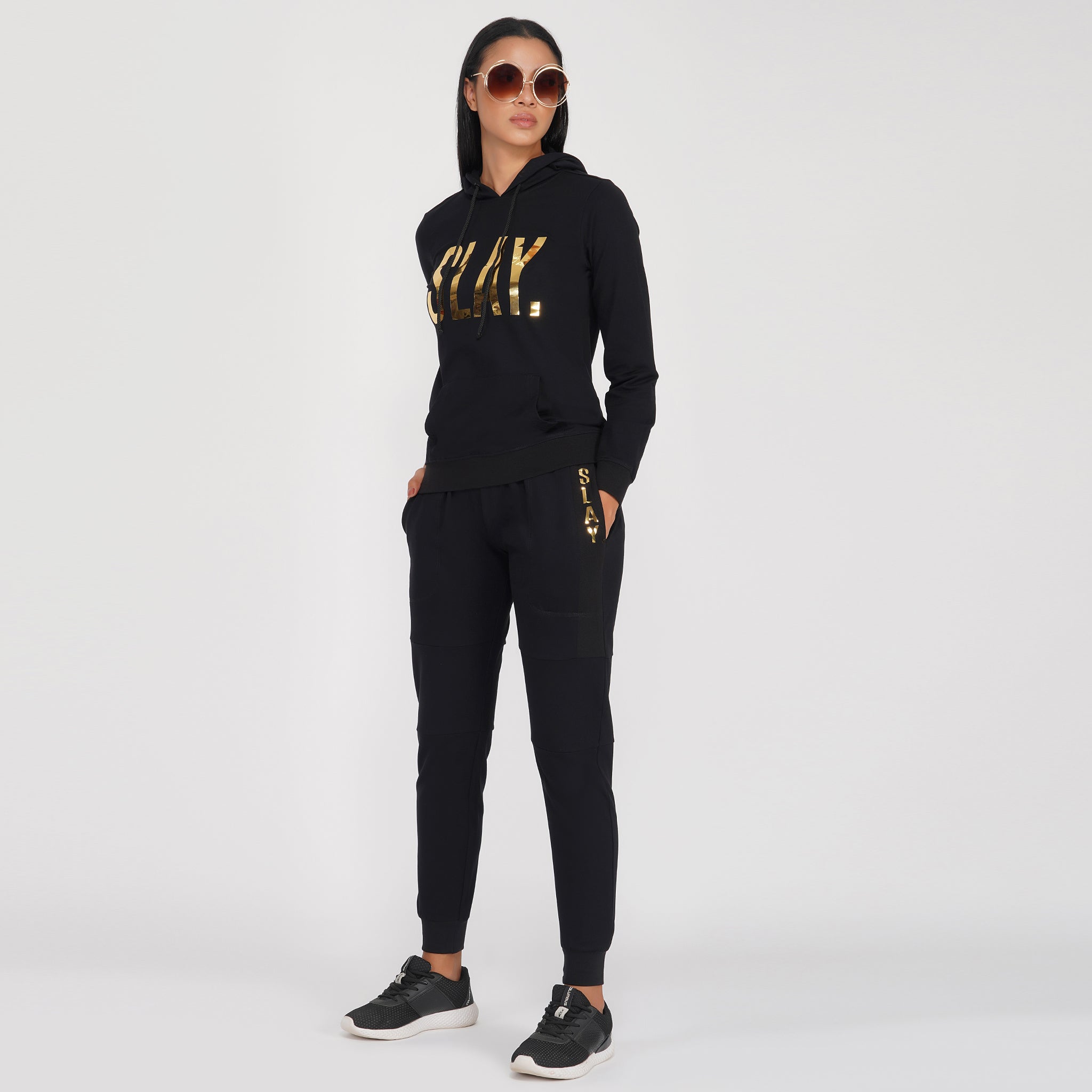 Fashion Womens 2 Pc Tracksuit Hooded Zip Jacket & Joggers LV-Textured  Black Sz.S