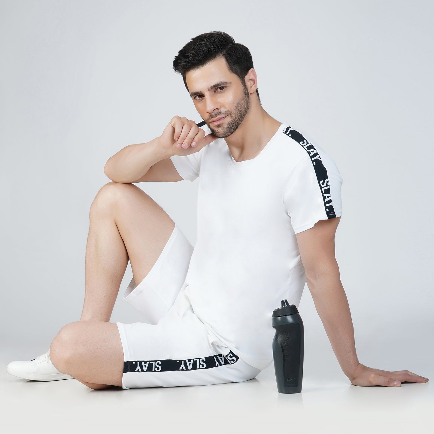 SLAY. Men's White T shirt & Shorts Co-ord Set(4 way Stretch Fabric)