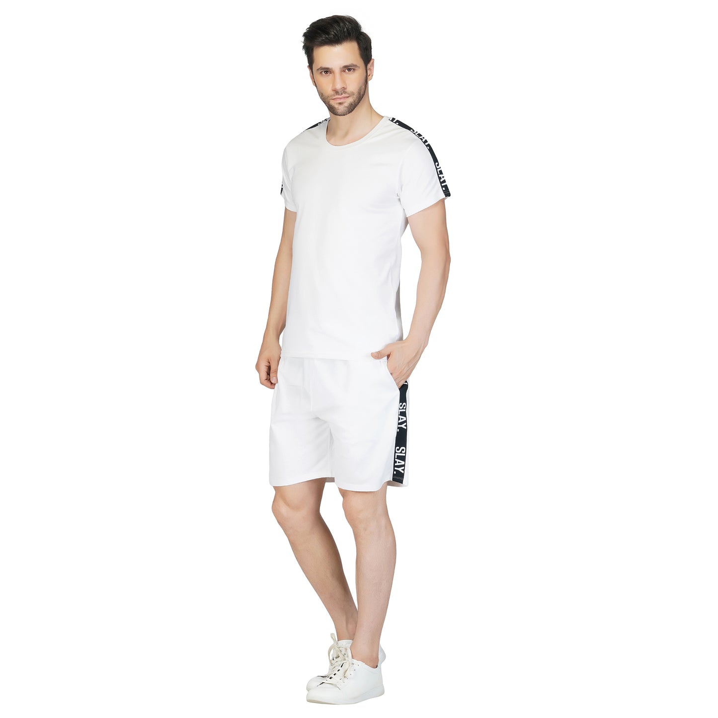 SLAY. Men's White T shirt & Shorts Co-ord Set(4 way Stretch Fabric)