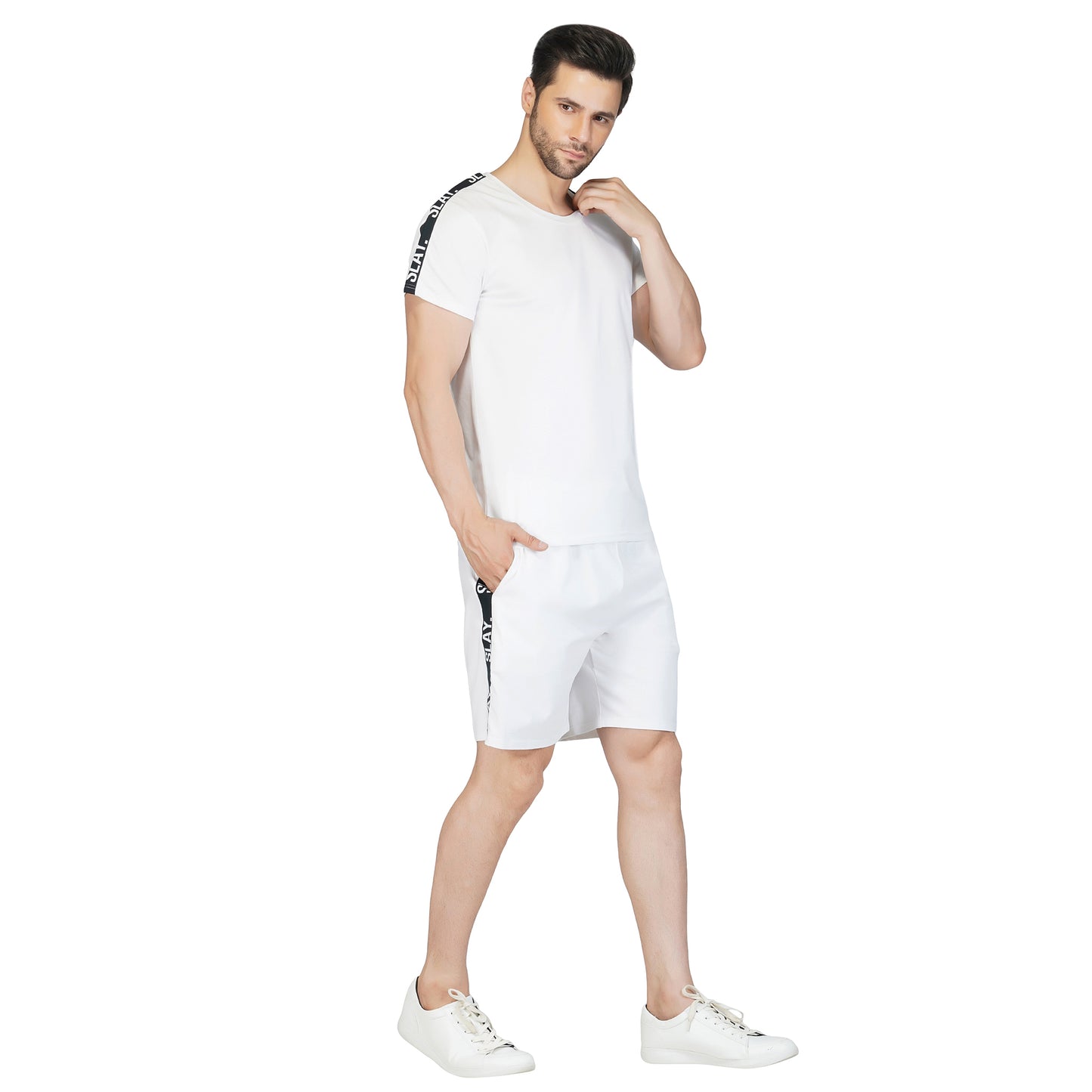 SLAY. Men's White T shirt & Shorts Co-ord Set(4 way Stretch Fabric)