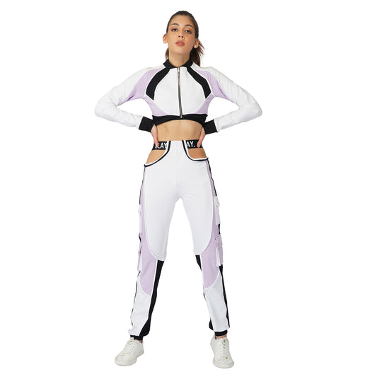 SLAY. Women's Lavender Lilac White Black Colorblock Crop Jacket & Cargo Pants Co ord Set(3 piece)