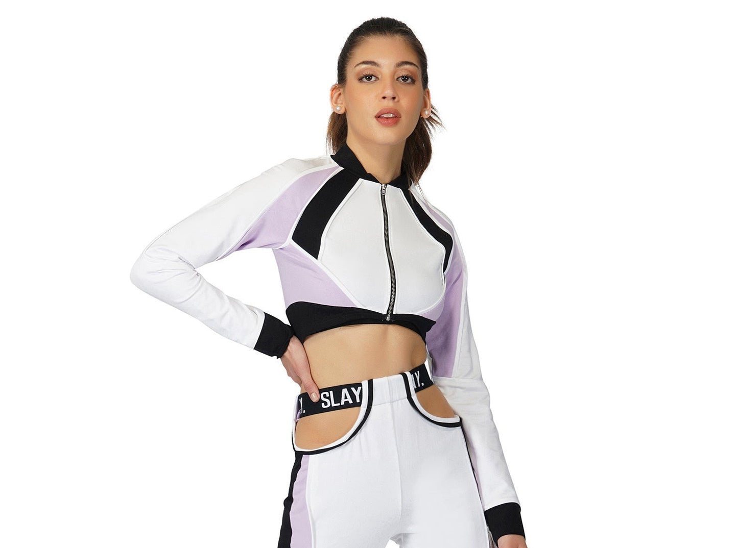 SLAY. Women's Activewear Crop Jacket Lavender Lilac Colorblock