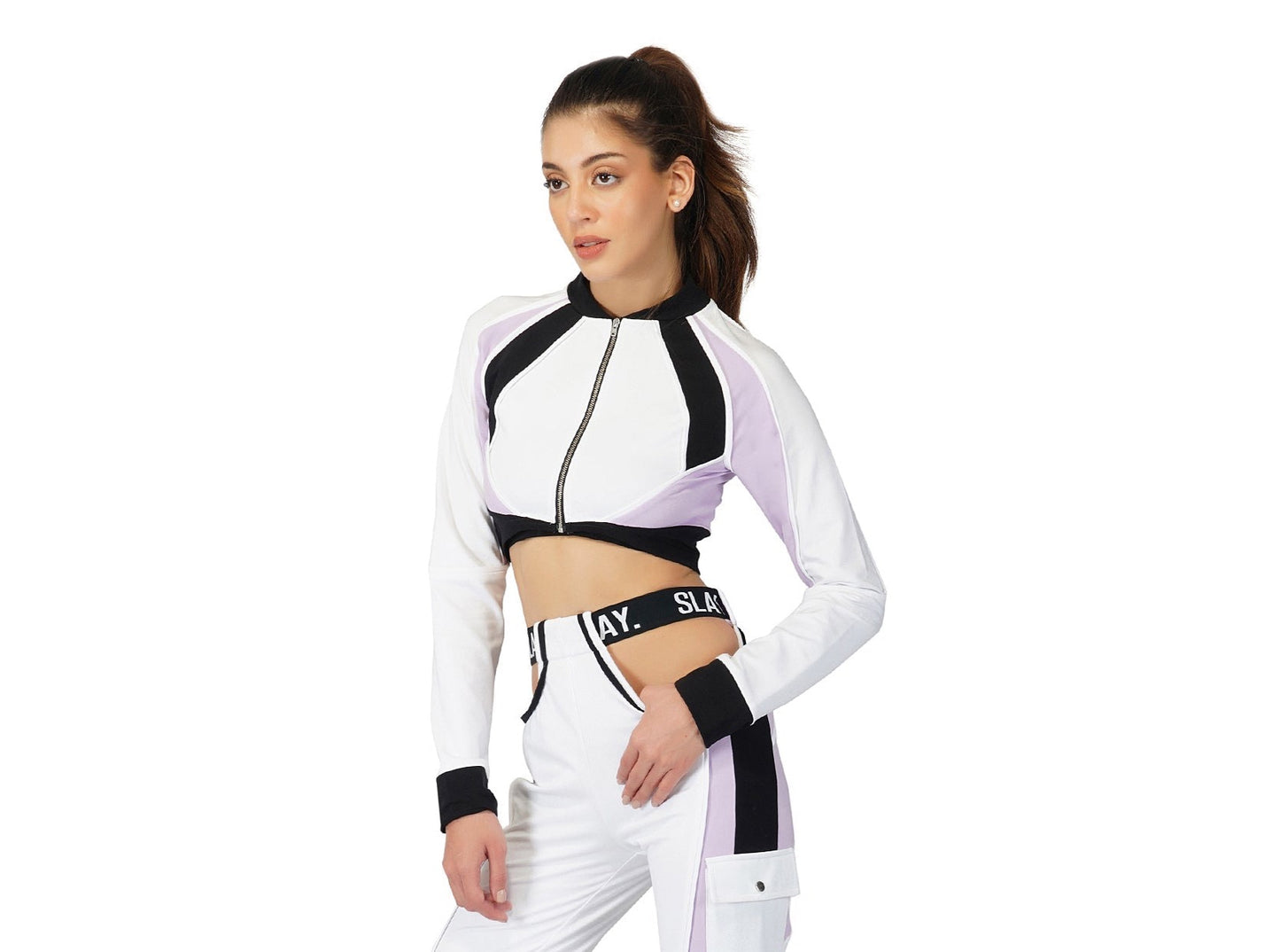 SLAY. Women's Activewear Crop Jacket Lavender Lilac Colorblock