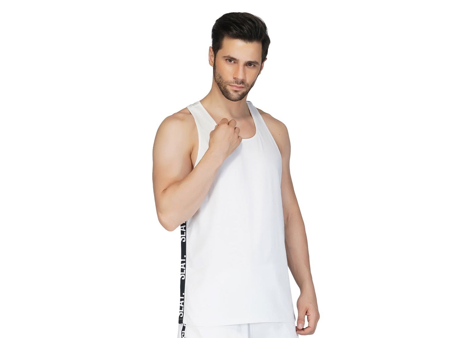 SLAY. Men's White Gym Vest(4 Way Stretch Fabric)