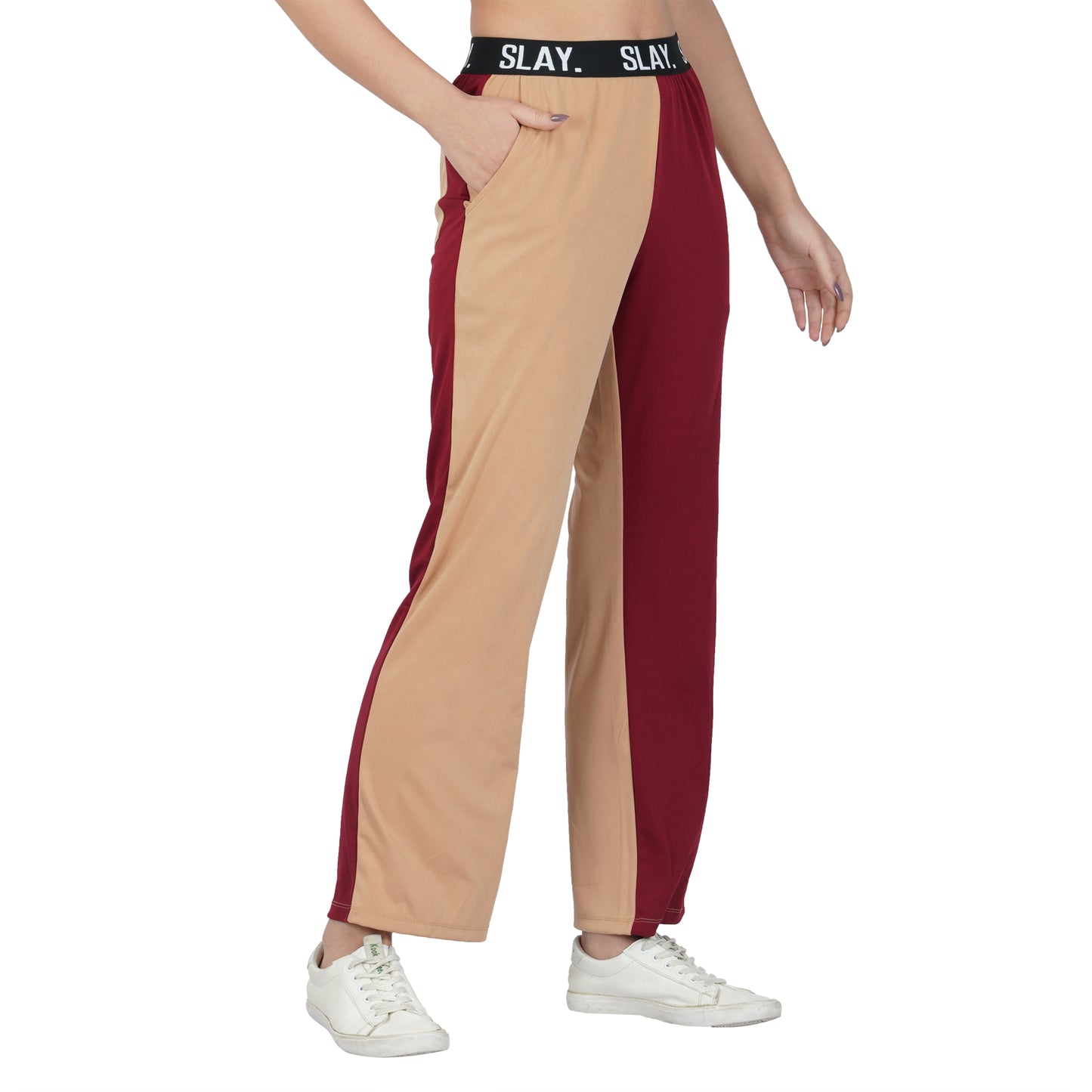 SLAY. Sport Women's Beige & Red Colorblock Monochrome Contrast Co-ord Set