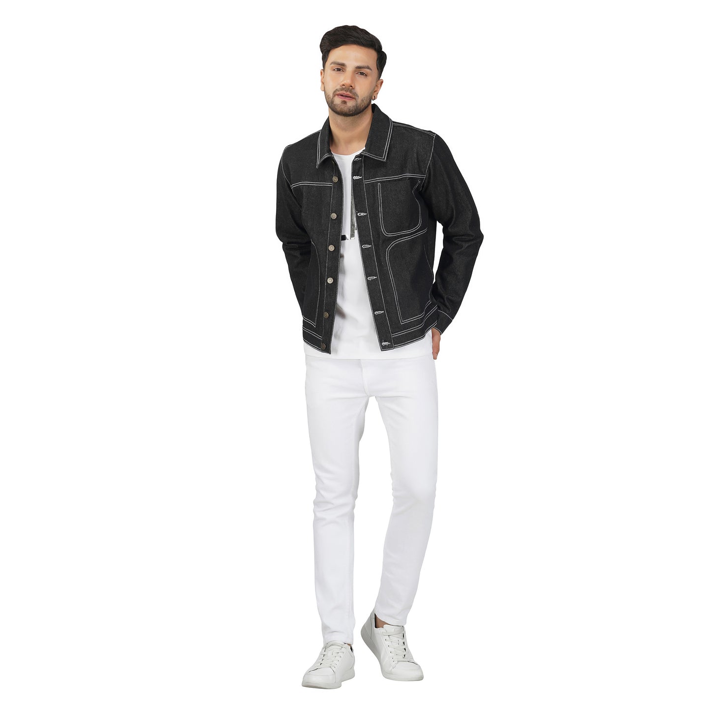 SLAY. Men's Black Contrast Stitch Denim Cotton Biker Jacket For Men