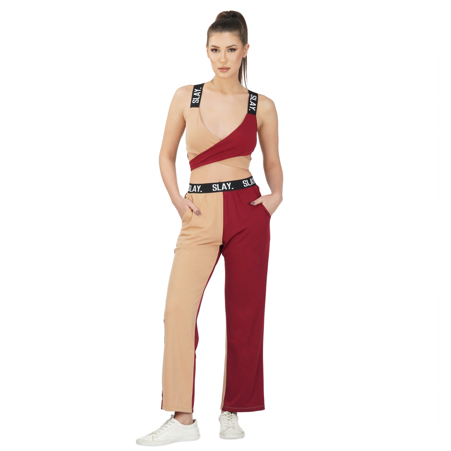 SLAY. Sport Women's Beige & Red Colorblock Monochrome Contrast Co-ord Set