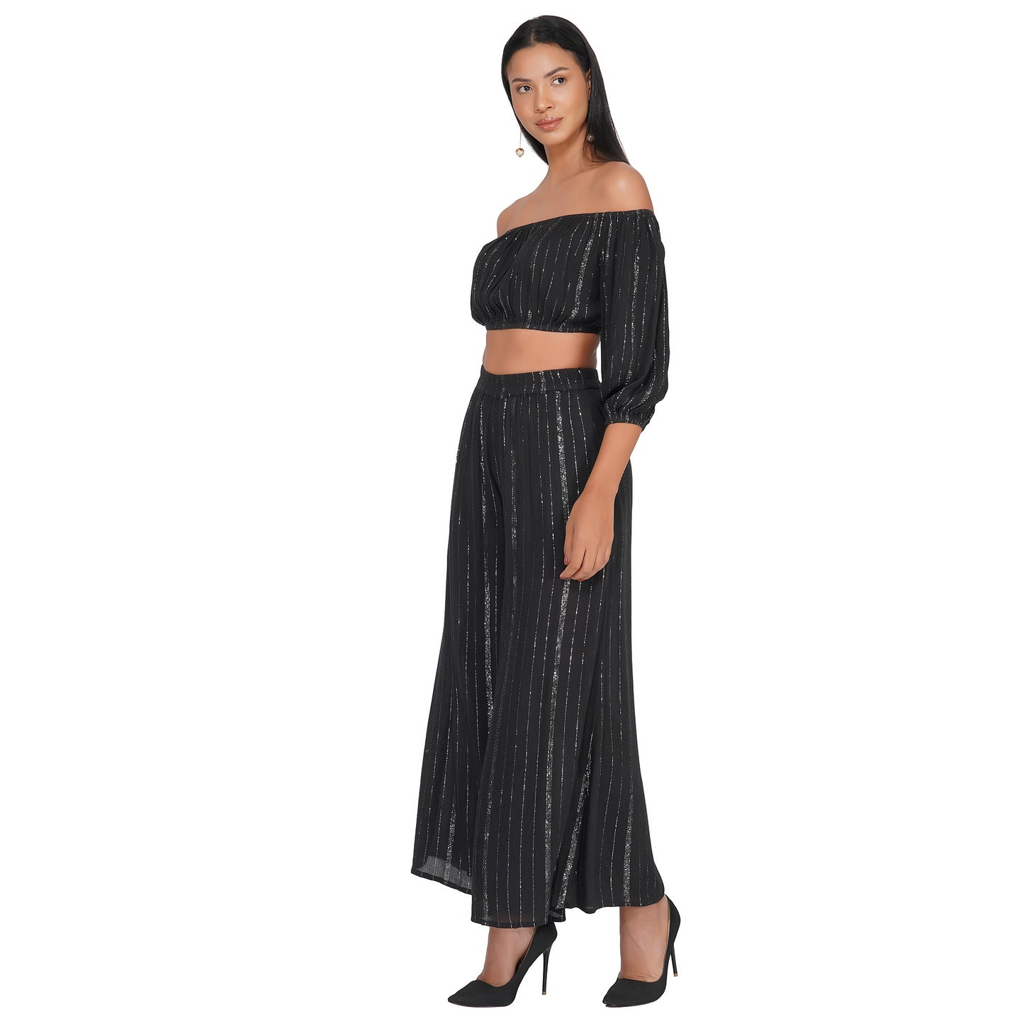 SLAY. Women's Black Lurex Off Shoulder Strapless Crop Top With Palazzo Co-ord Set-clothing-to-slay.myshopify.com-Off Shoulder Crop Top With Palazzo Set