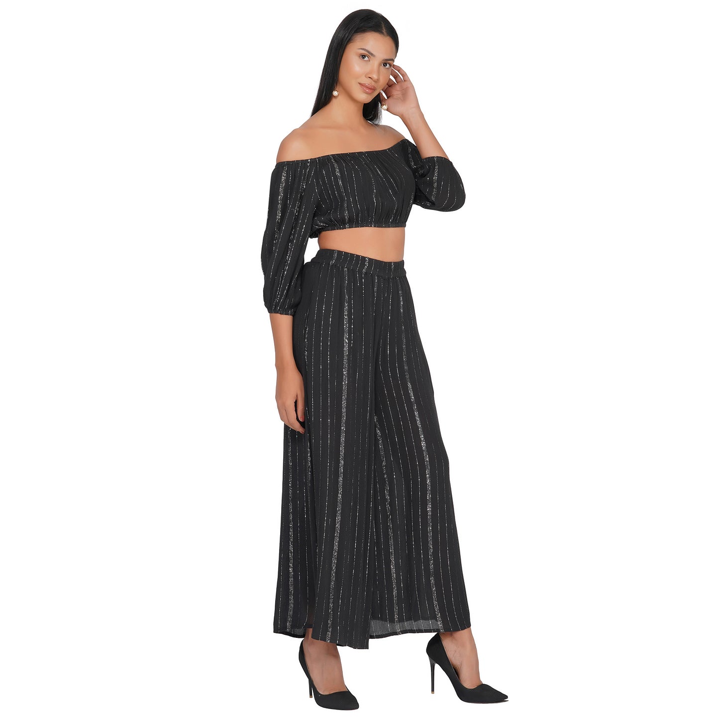 SLAY. Women's Black Lurex Off Shoulder Strapless Crop Top With Palazzo Co-ord Set-clothing-to-slay.myshopify.com-Off Shoulder Crop Top With Palazzo Set