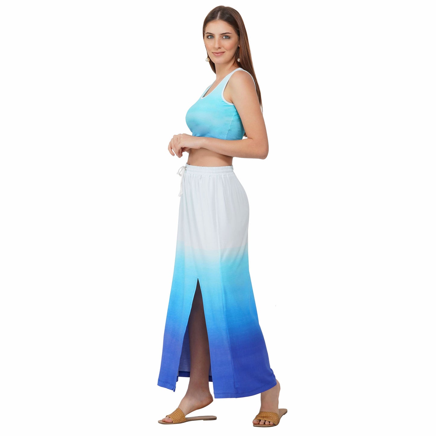 SLAY. Women's White to Blue Ombre Crop top & Skirt Co-ord Set