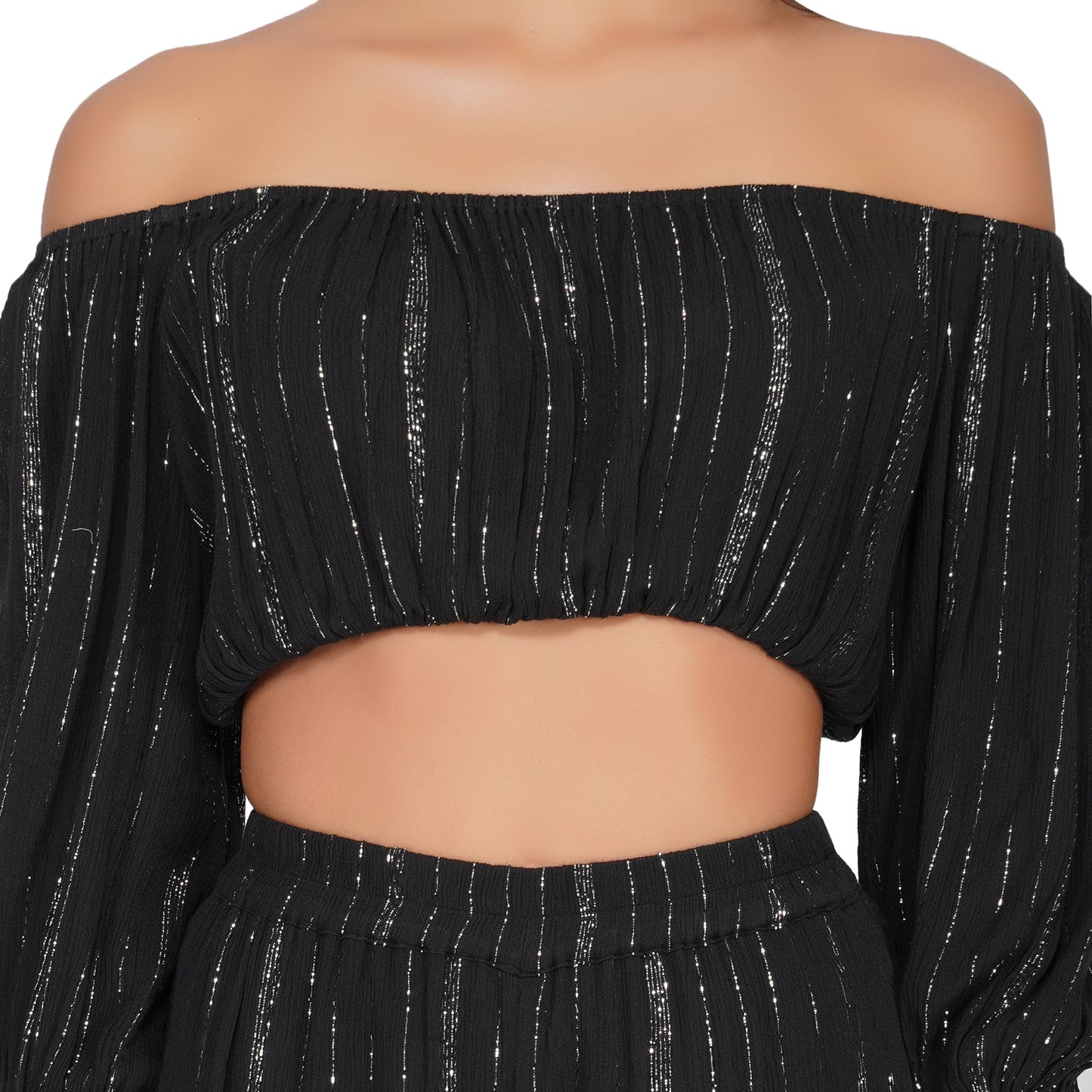 SLAY. Women's Black Lurex Off Shoulder Strapless Crop Top With Palazzo Co-ord Set-clothing-to-slay.myshopify.com-Off Shoulder Crop Top With Palazzo Set