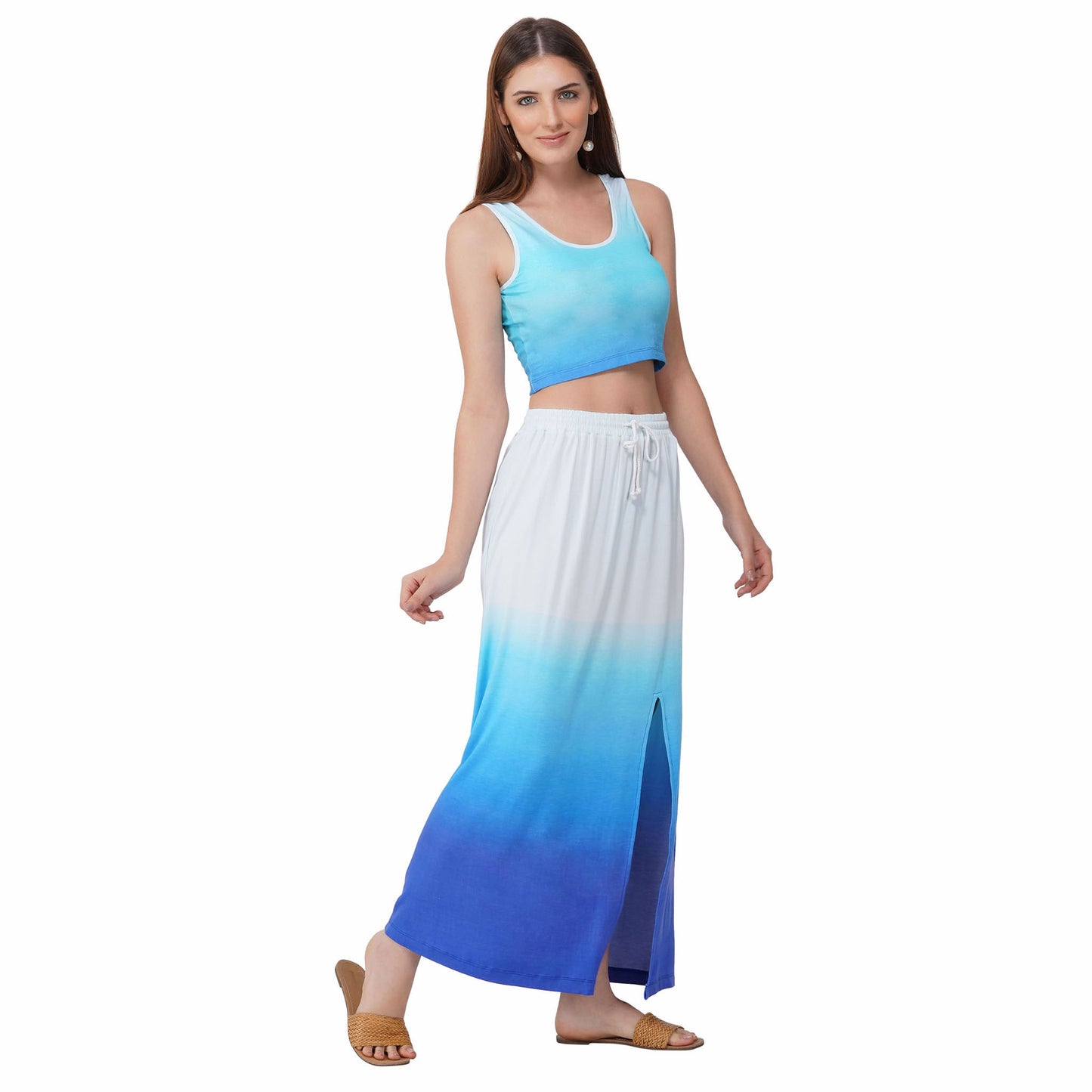 SLAY. Women's White to Blue Ombre Crop top & Skirt Co-ord Set