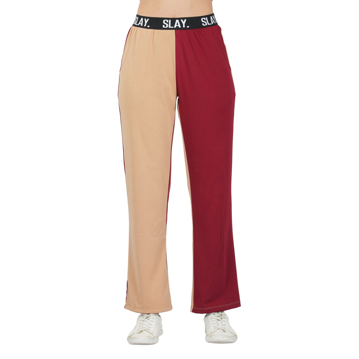 SLAY. Sport Women's Beige & Red Colorblock Monochrome Contrast Co-ord Set