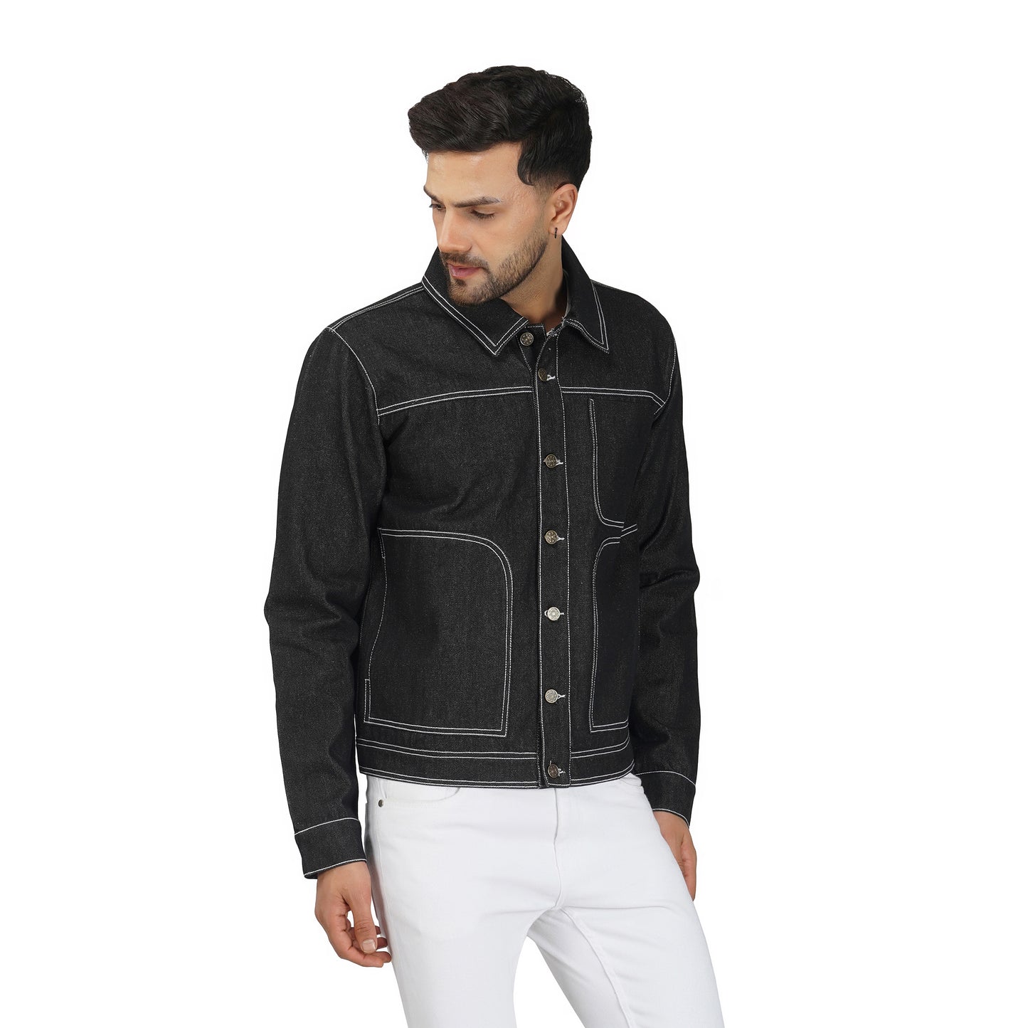 SLAY. Men's Black Contrast Stitch Denim Cotton Biker Jacket For Men