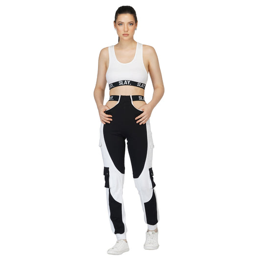 SLAY. Sport Women's Activewear Black & White Colorblock High Waist Cargo Pants