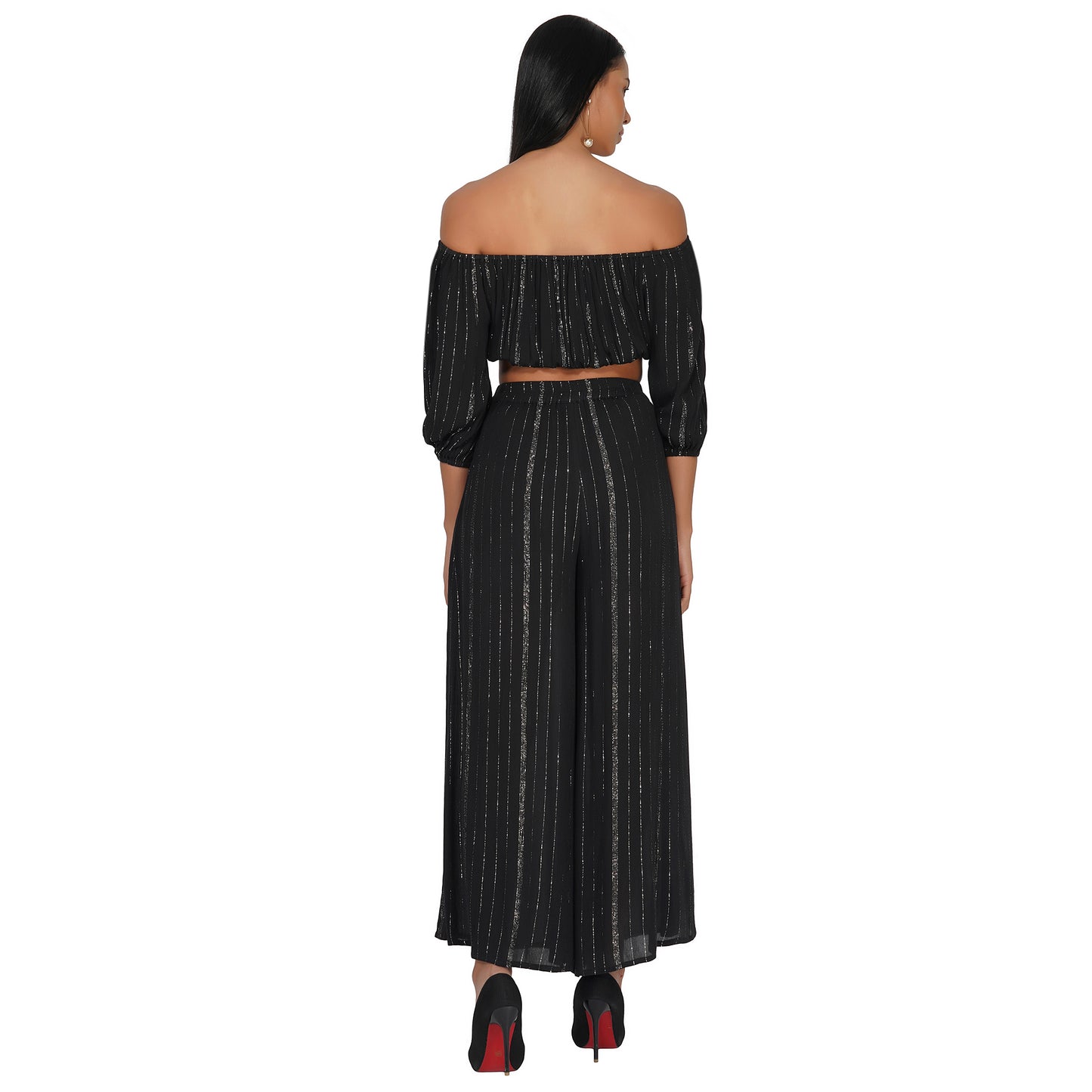 SLAY. Women's Black Lurex Off Shoulder Strapless Crop Top With Palazzo Co-ord Set-clothing-to-slay.myshopify.com-Off Shoulder Crop Top With Palazzo Set