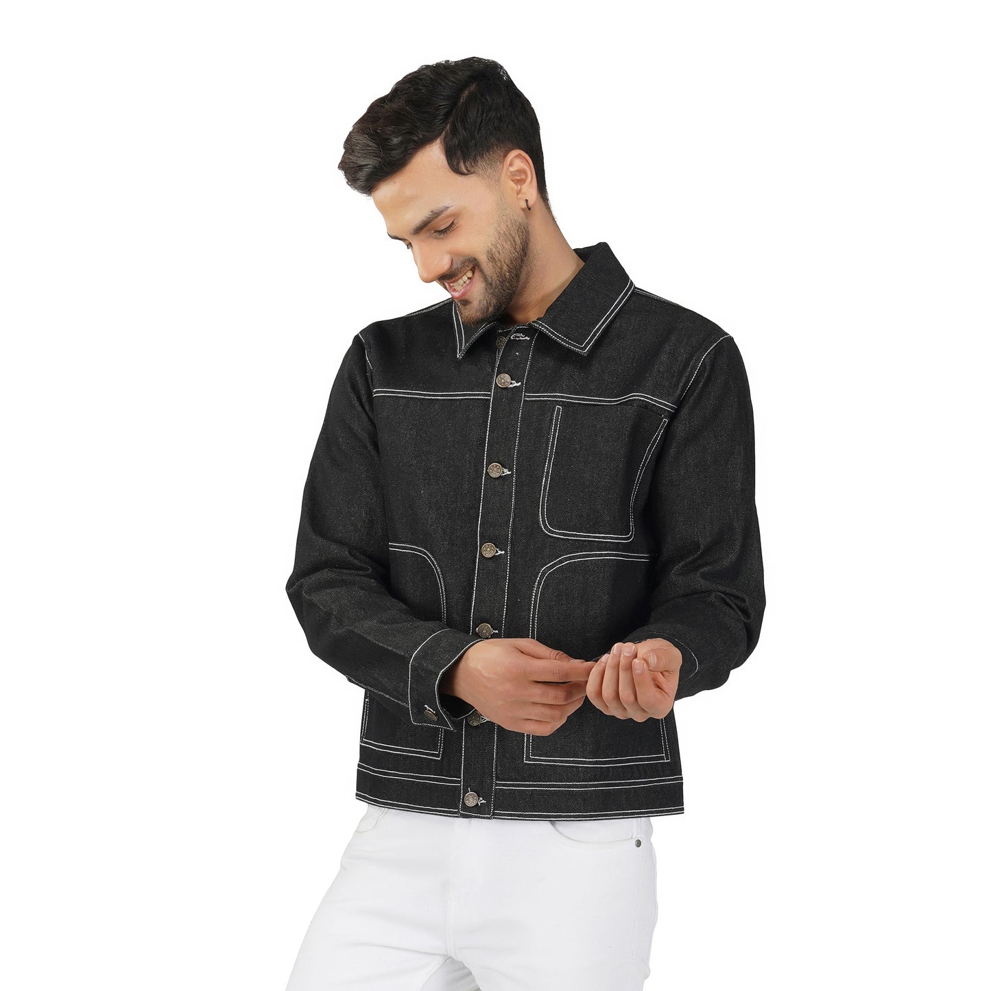 SLAY. Men's Black Contrast Stitch Denim Cotton Biker Jacket For Men