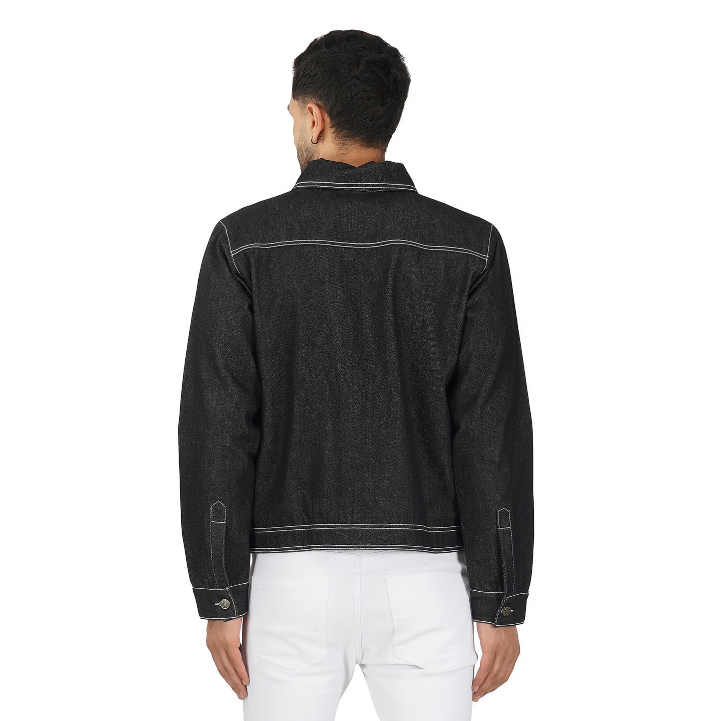 SLAY. Men's Black Contrast Stitch Denim Cotton Biker Jacket For Men