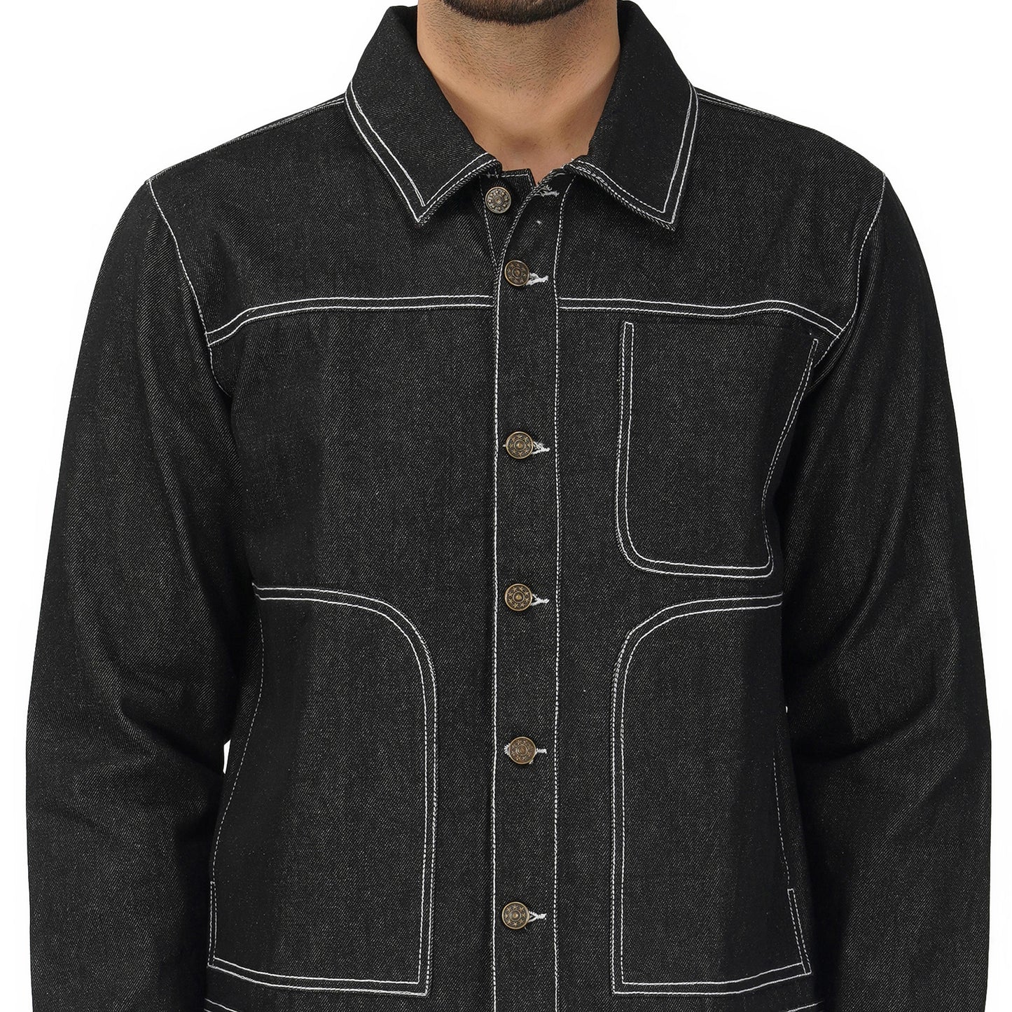 SLAY. Men's Black Contrast Stitch Denim Cotton Biker Jacket For Men