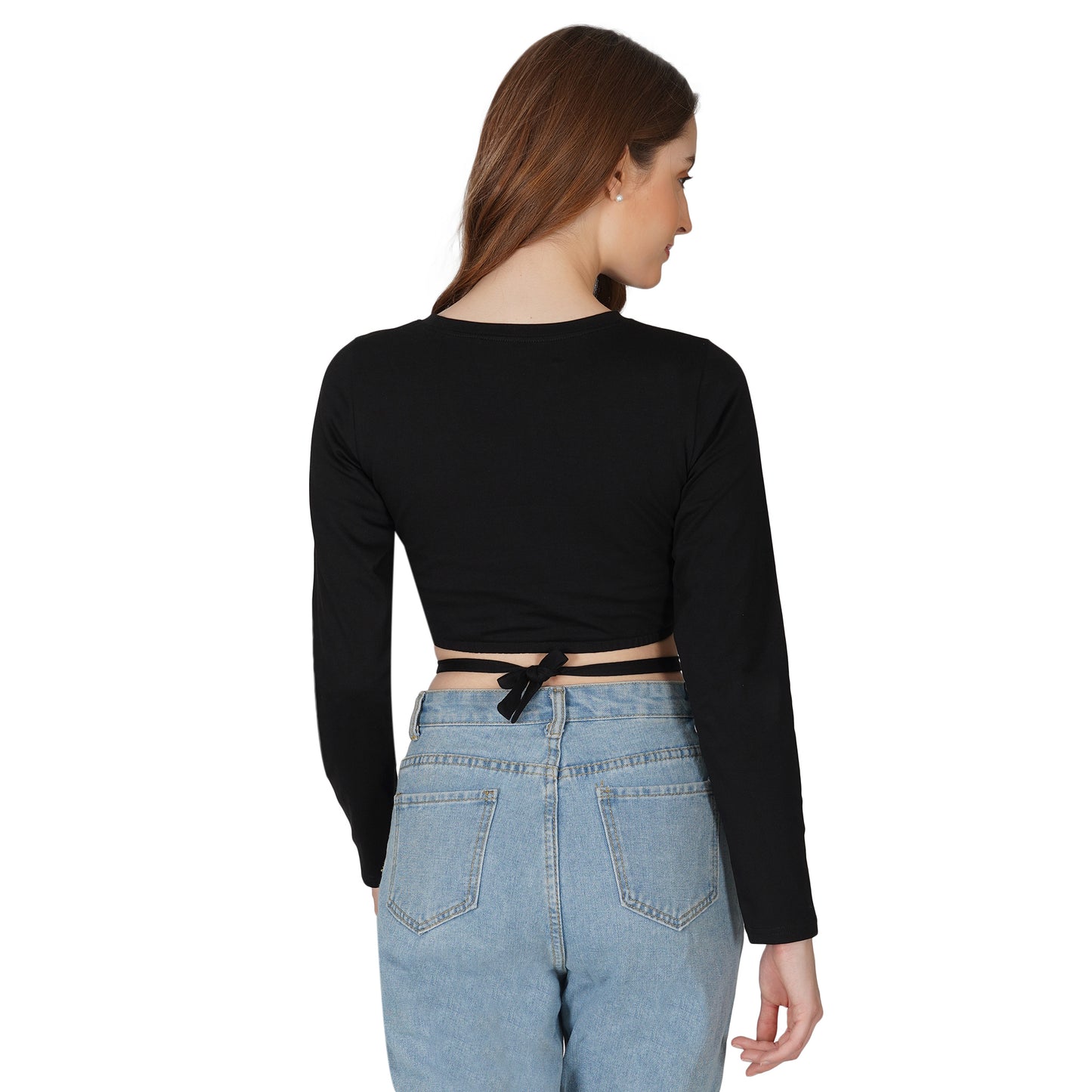 SLAY. Women's Black Full Sleeves Crop Top with Back Wrap around Strings-clothing-to-slay.myshopify.com-Crop Top