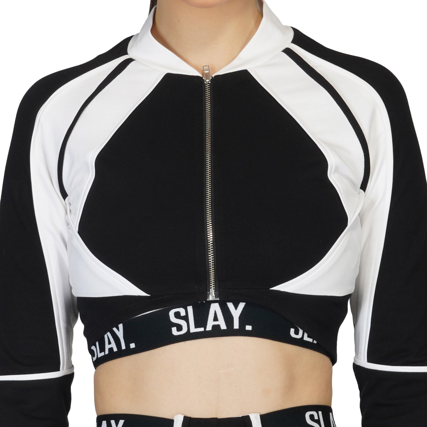 SLAY. Women's Tracksuit Black & White Colorblock Crop Jacket & High Waist Cargo Pants Co-ord Set(3 piece)