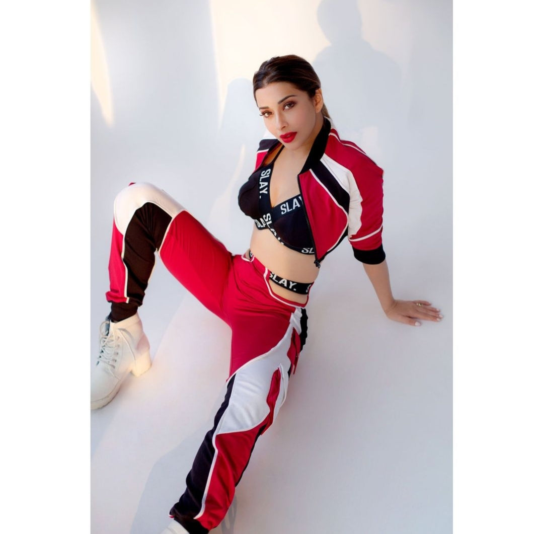 SLAY. Women's Activewear Tracksuit Red Colorblock Crop Jacket & High waist Cargo Pants Co-ord set(3 piece)