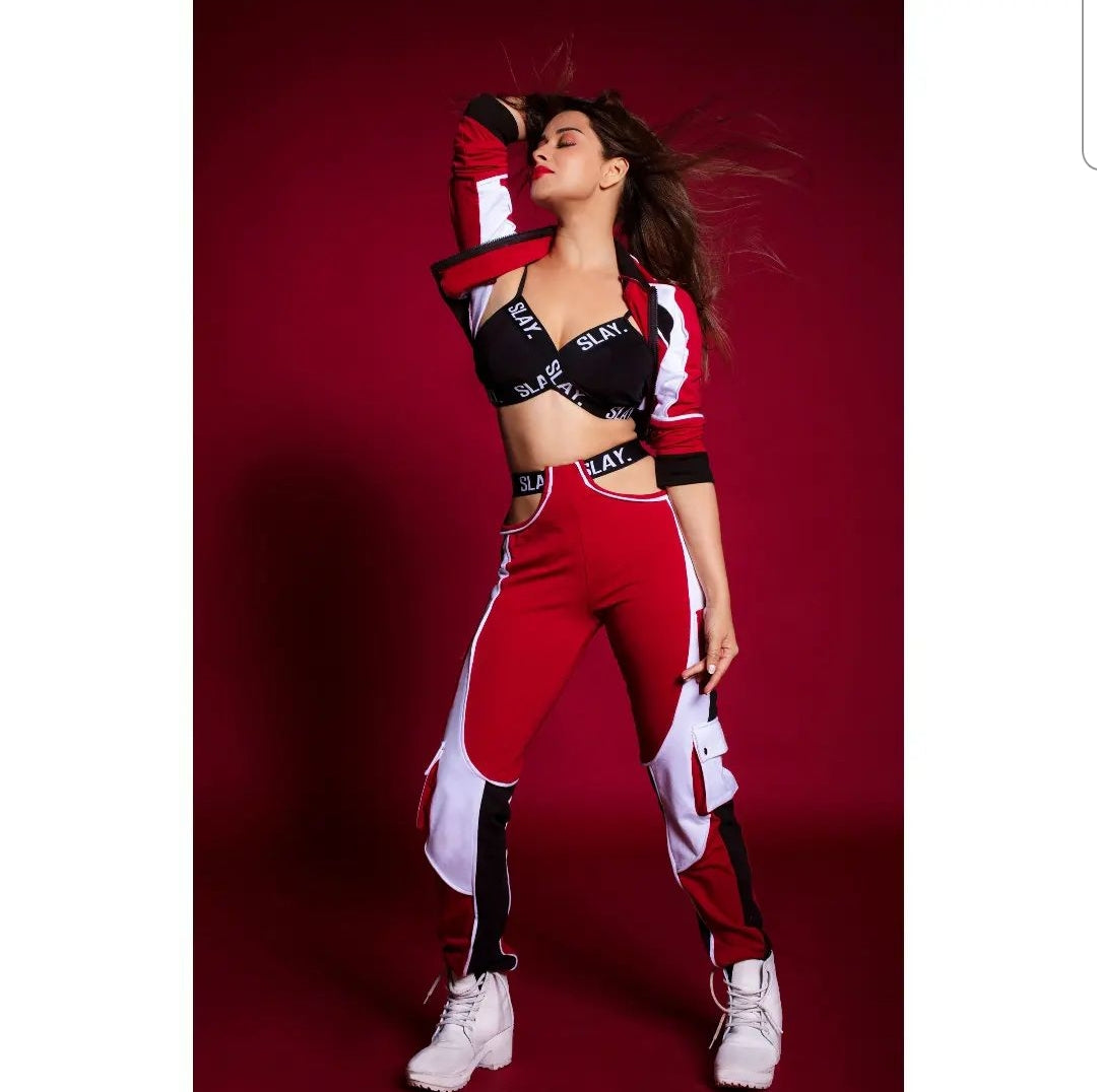 SLAY. Women's Activewear Tracksuit Red Colorblock Crop Jacket & High waist Cargo Pants Co-ord set(3 piece)