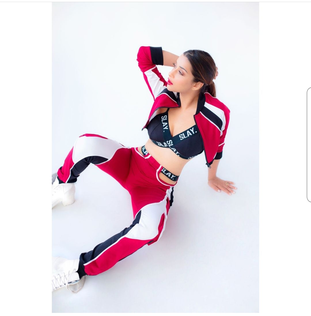 SLAY. Women's Activewear Tracksuit Red Colorblock Crop Jacket & High waist Cargo Pants Co-ord set(3 piece)