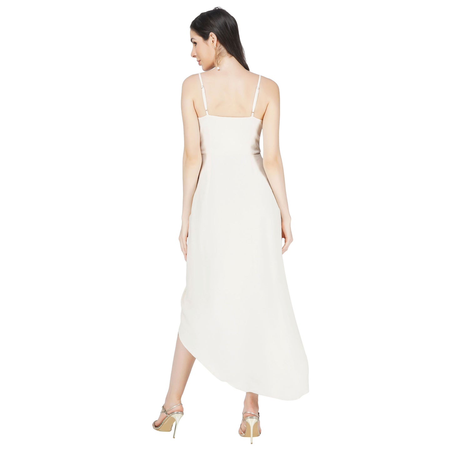 SLAY. Women's Off white Shimmer Fabric Ruched Maxi Dress with Front Slit-clothing-to-slay.myshopify.com-