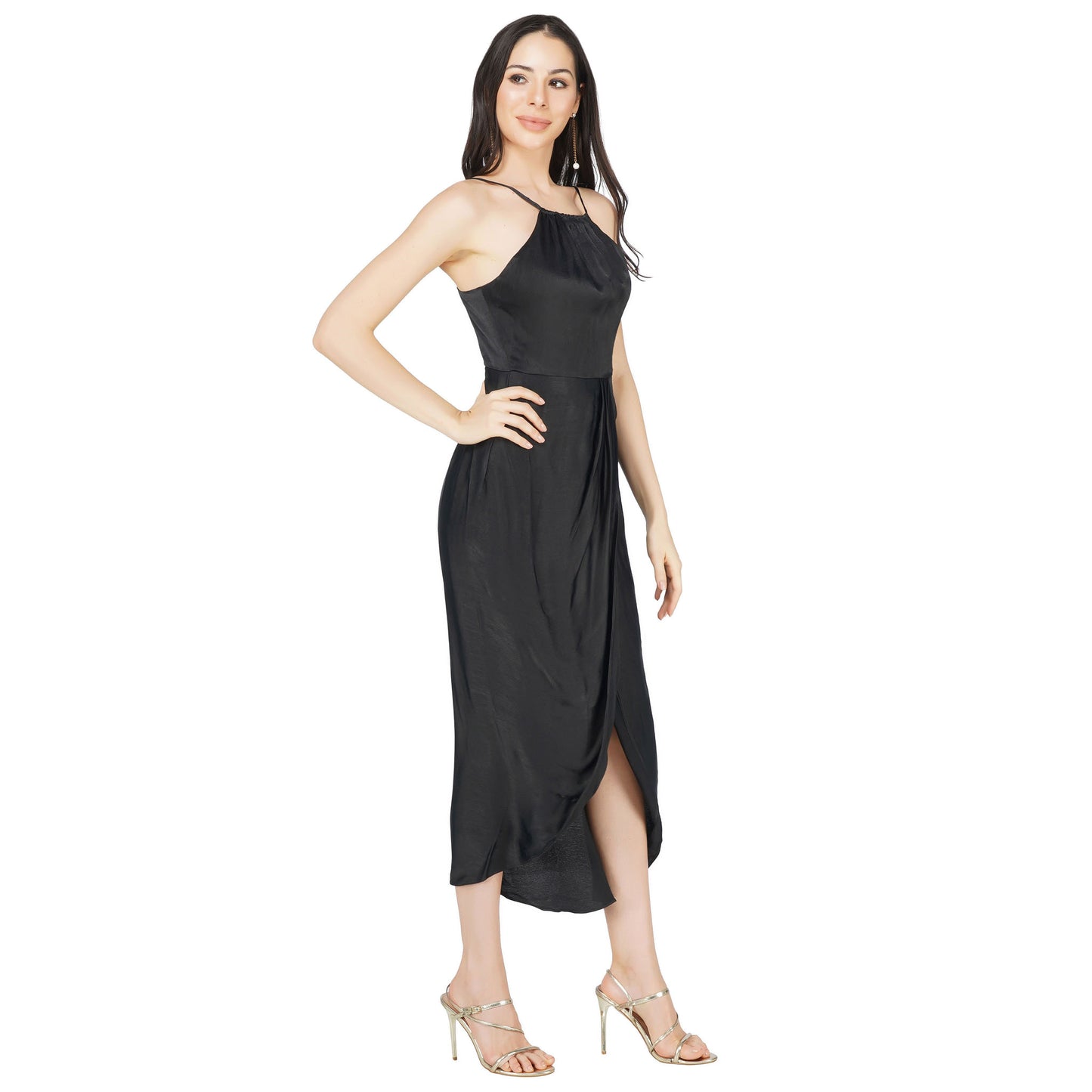 SLAY. Women's Black Shimmer Fabric Ruched Satin Maxi Dress with Front Slit-clothing-to-slay.myshopify.com-