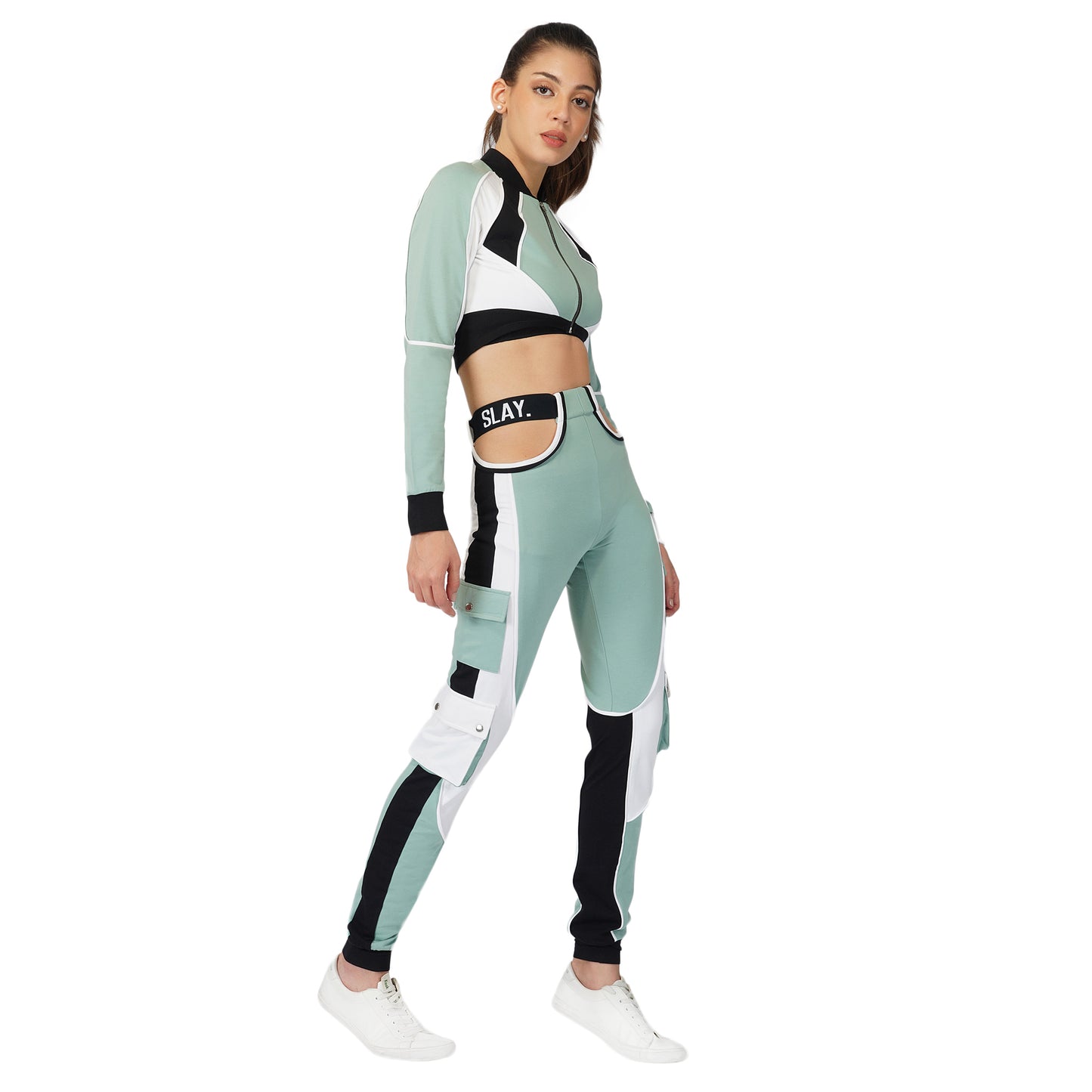 SLAY. Women's Activewear Tracksuit Turquoise Colorblock Crop Jacket & Cargo Pants Co-ord Set(3 piece)