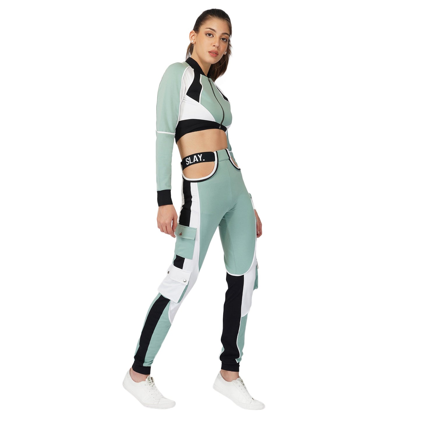 SLAY. Women's Activewear Joggers Turquoise Colorblock Cargo Pants Streetwear
