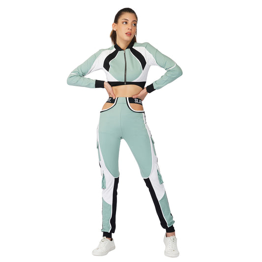 SLAY. Women's Activewear Tracksuit Turquoise Colorblock Crop Jacket & Cargo Pants Co-ord Set(3 piece)